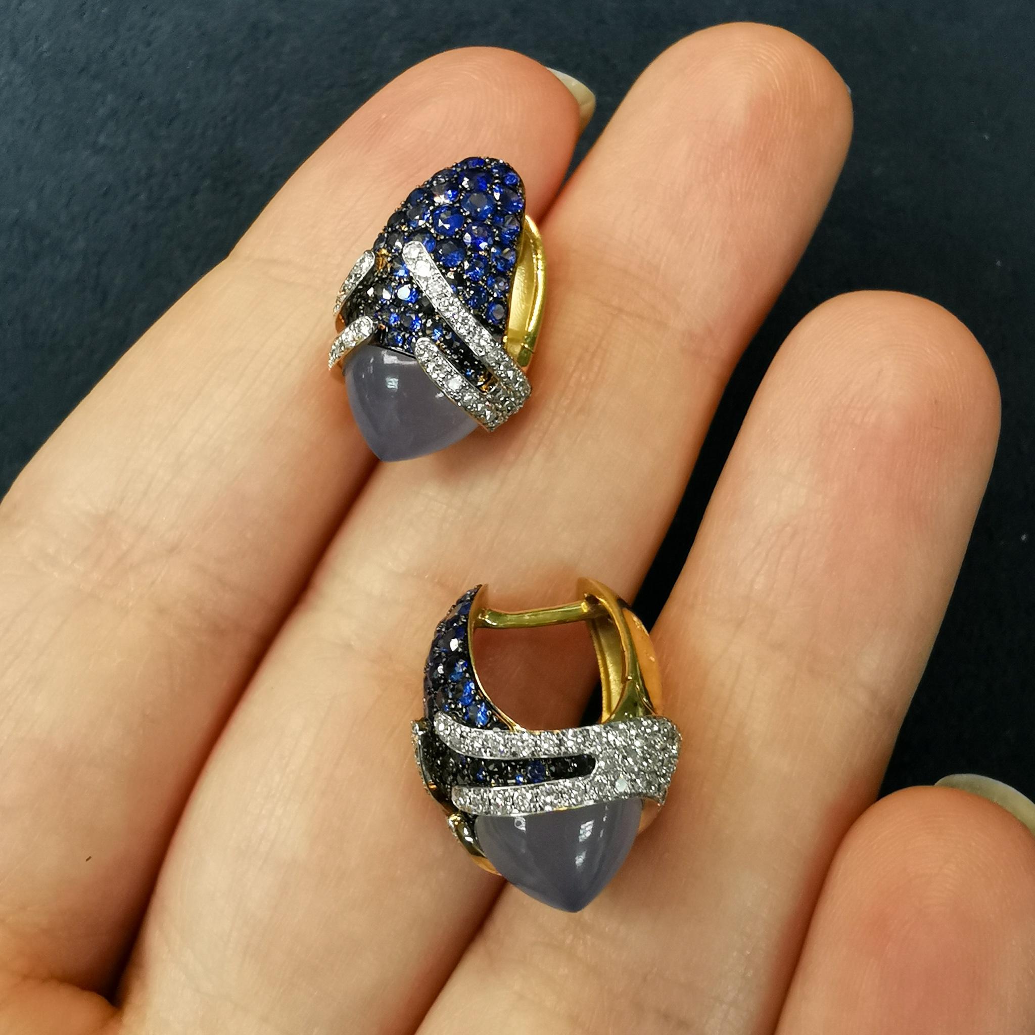 Cabochon Blue Chalcedony 5.29 Carat Sapphires Diamonds 18 Karat Gold Fuji Earrings For Sale