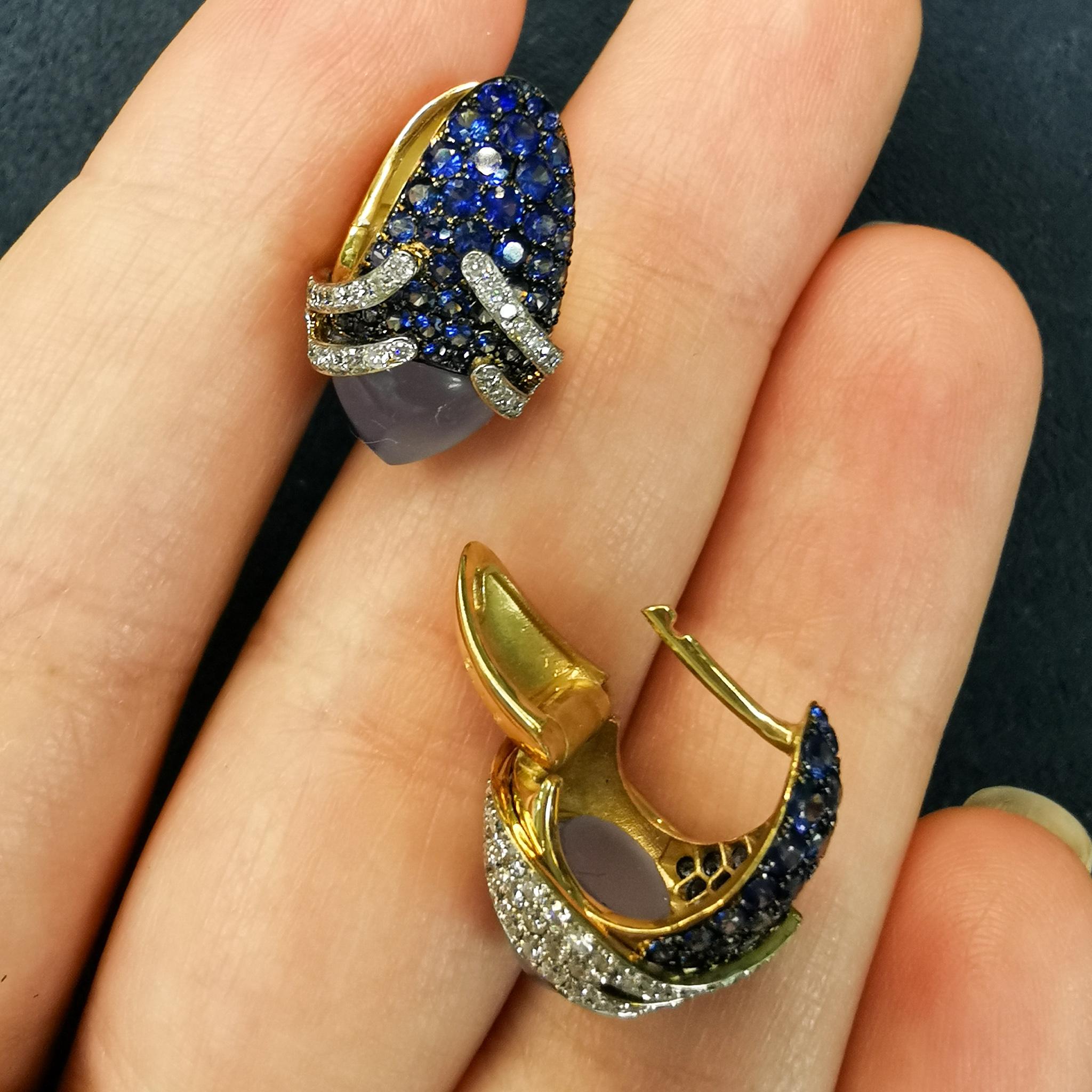 Women's Blue Chalcedony 5.29 Carat Sapphires Diamonds 18 Karat Gold Fuji Earrings