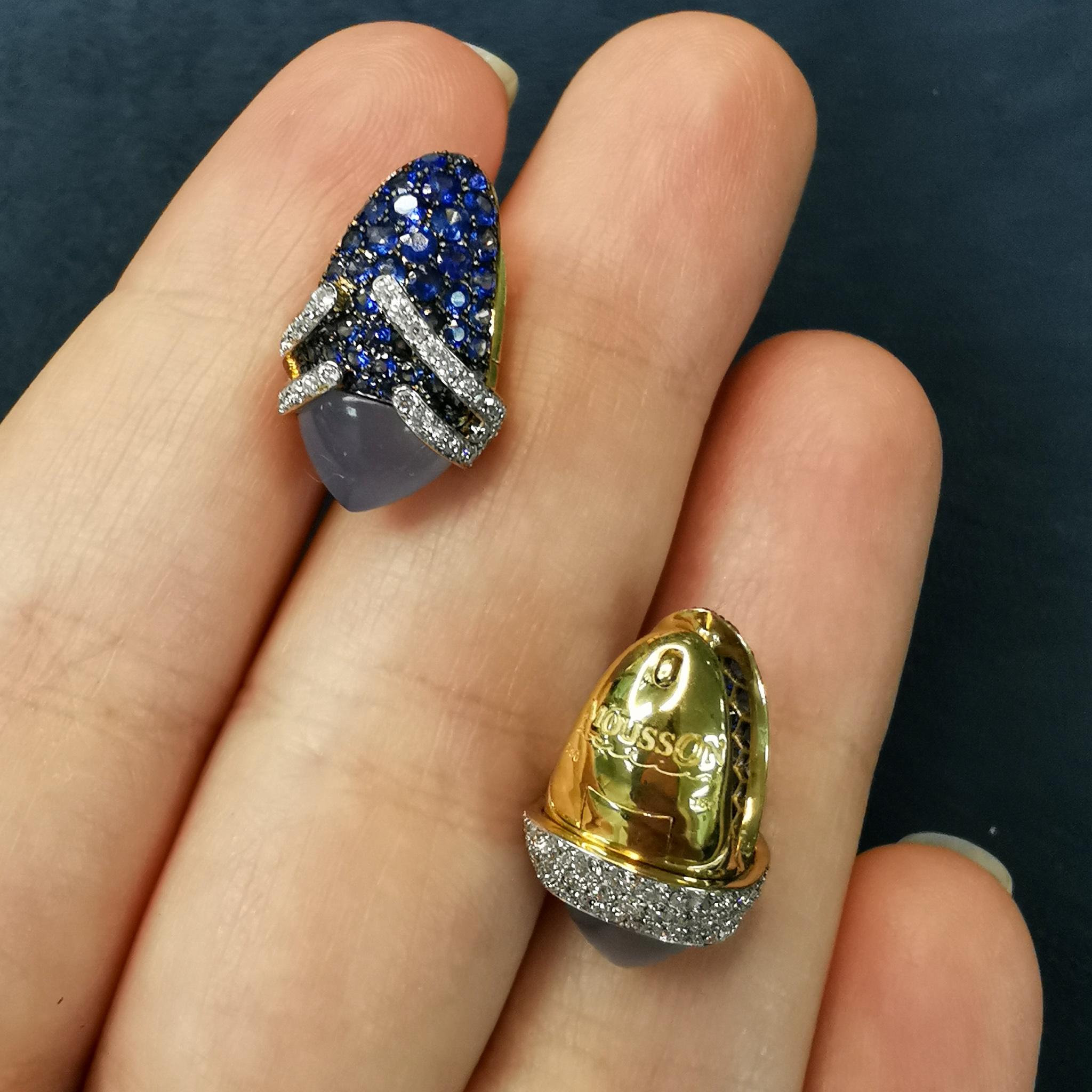 Blue Chalcedony 5.29 Carat Sapphires Diamonds 18 Karat Gold Fuji Earrings For Sale 1