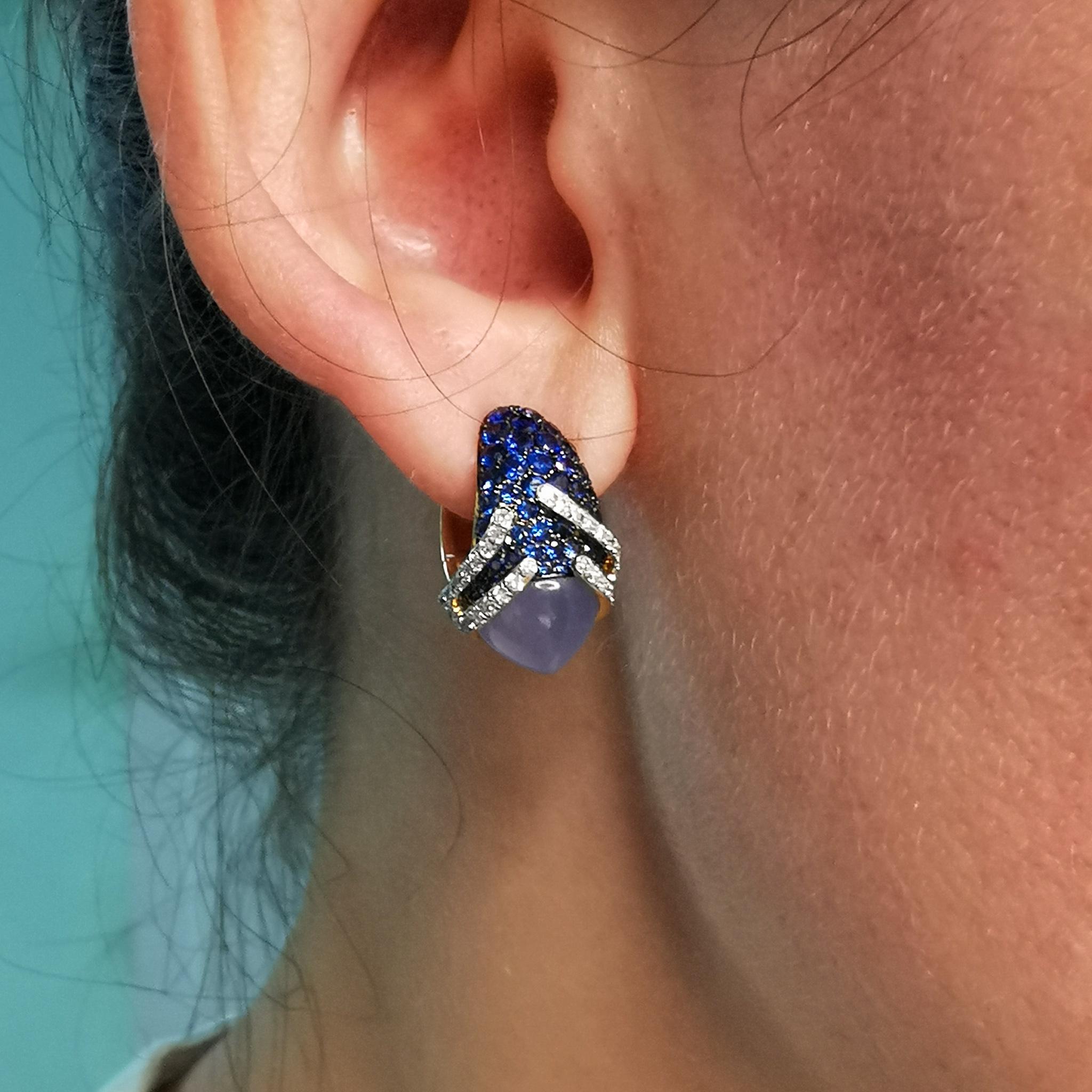Blue Chalcedony 5.29 Carat Sapphires Diamonds 18 Karat Gold Fuji Earrings For Sale 2
