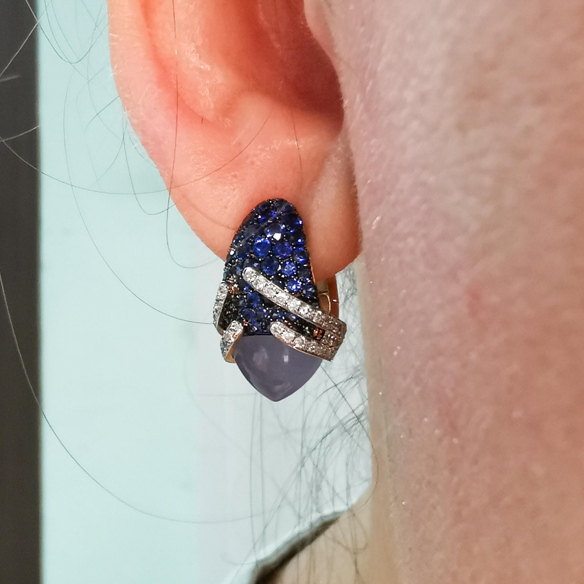 Blue Chalcedony 5.29 Carat Sapphires Diamonds 18 Karat Gold Fuji Earrings For Sale 3