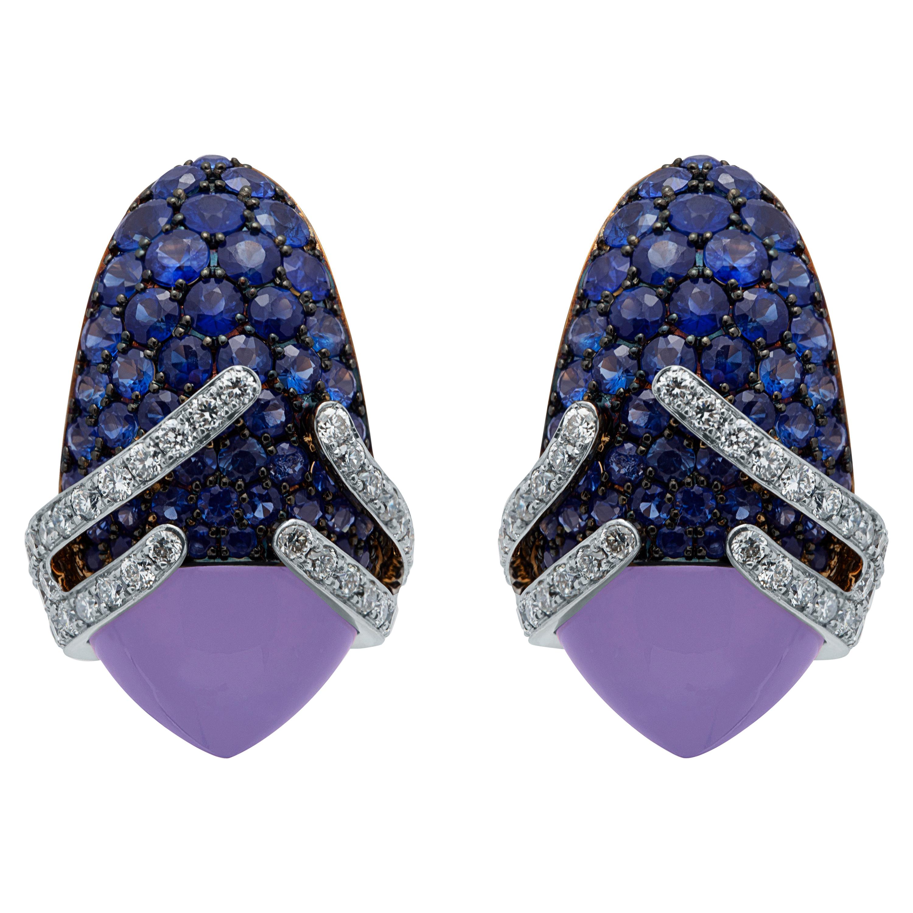 Blue Chalcedony 5.29 Carat Sapphires Diamonds 18 Karat Gold Fuji Earrings For Sale