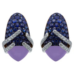 Blue Chalcedony 5.29 Carat Sapphires Diamonds 18 Karat Gold Fuji Earrings