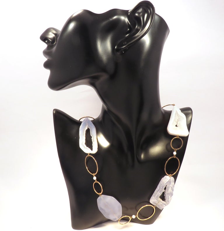 14 Karat Gold Plated Spike Pencil Cut Blue Chalcedony Necklace