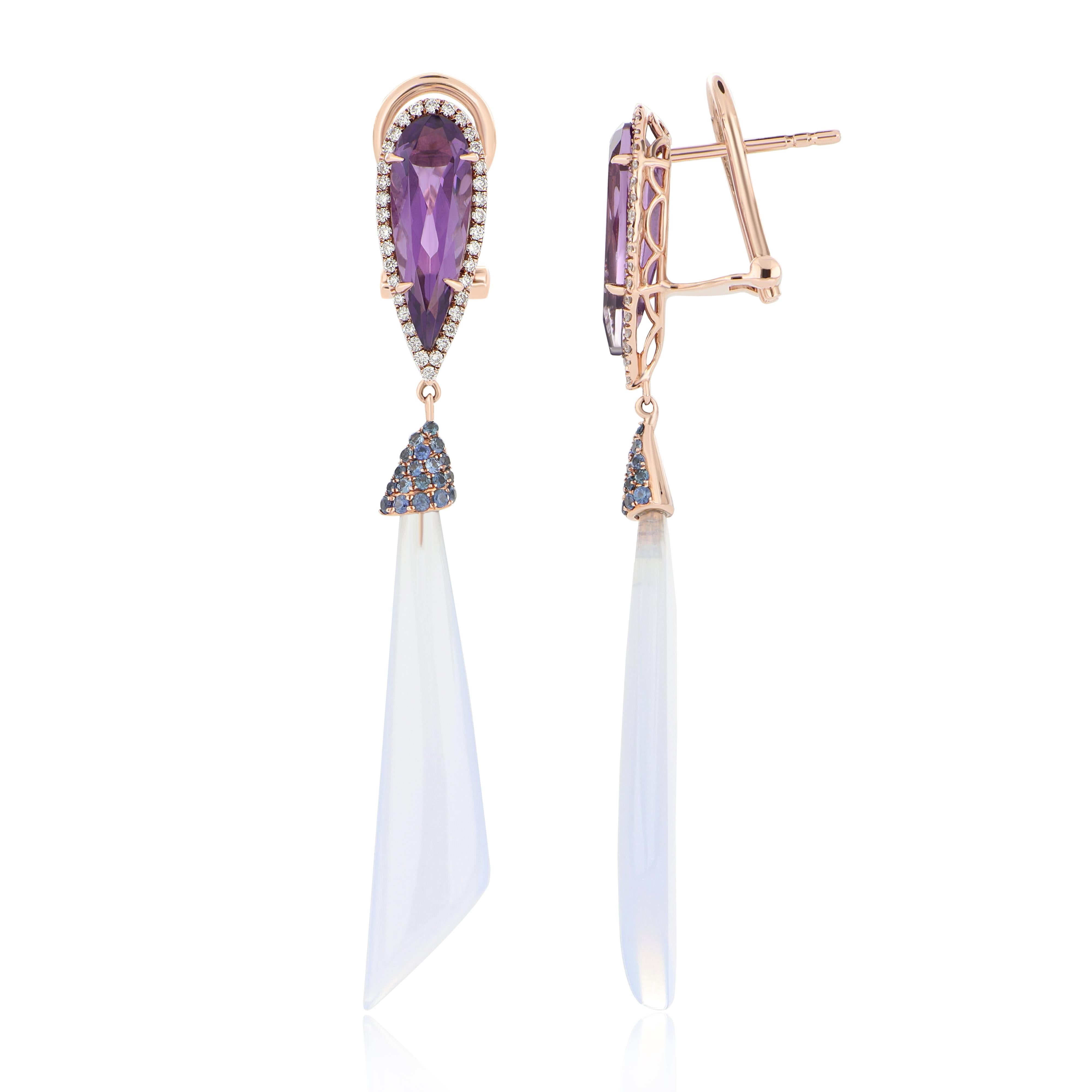 Elegant and exquisitely detailed 14 Karat Rose Gold Mismatched Pair of Earrings, center set with 10.96 Cts .Cab Fancy Shape Blue Chalcedony, and 3.25 Cts of Pear Cut Amethyst accented with Blue Sapphire and micro pave set Diamonds, weighing approx.