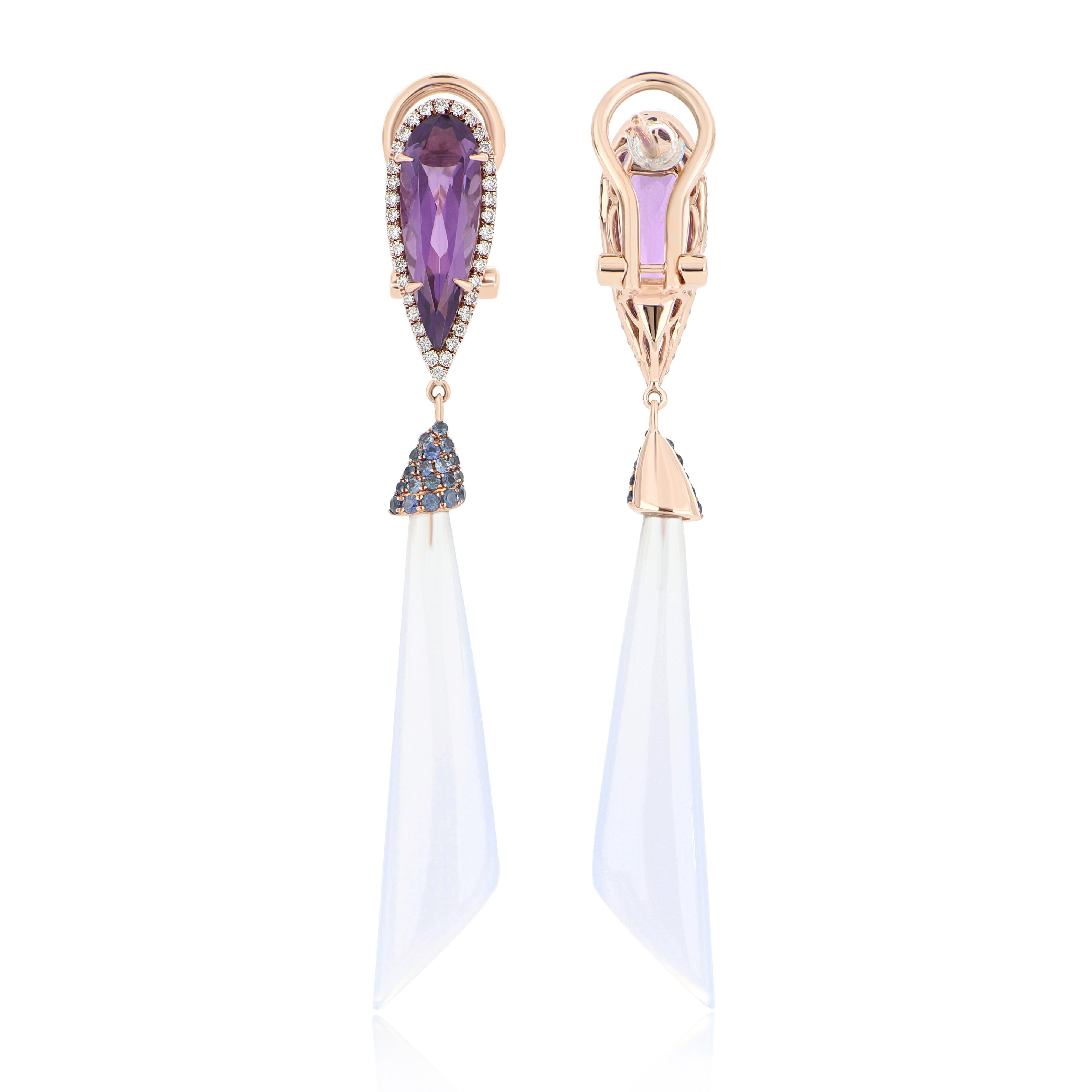 Cabochon Blue Chalcedony, Amethyst, Blue Sapphire and Diamond Earring 14 Karat Rose Gold  For Sale