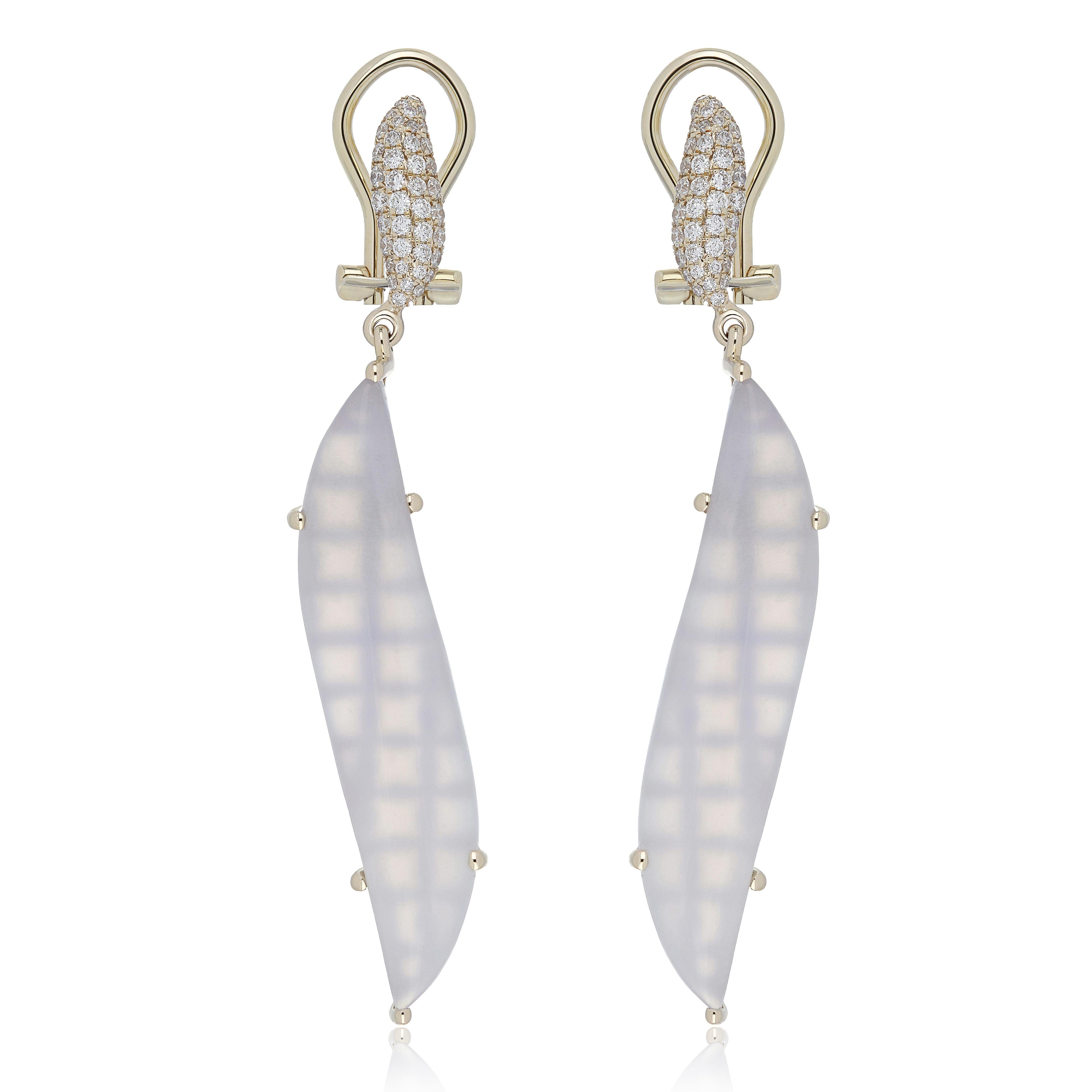 Blue Chalcedony and Diamond Studded Earring 14 Karat Yellow Gold For Sale 3