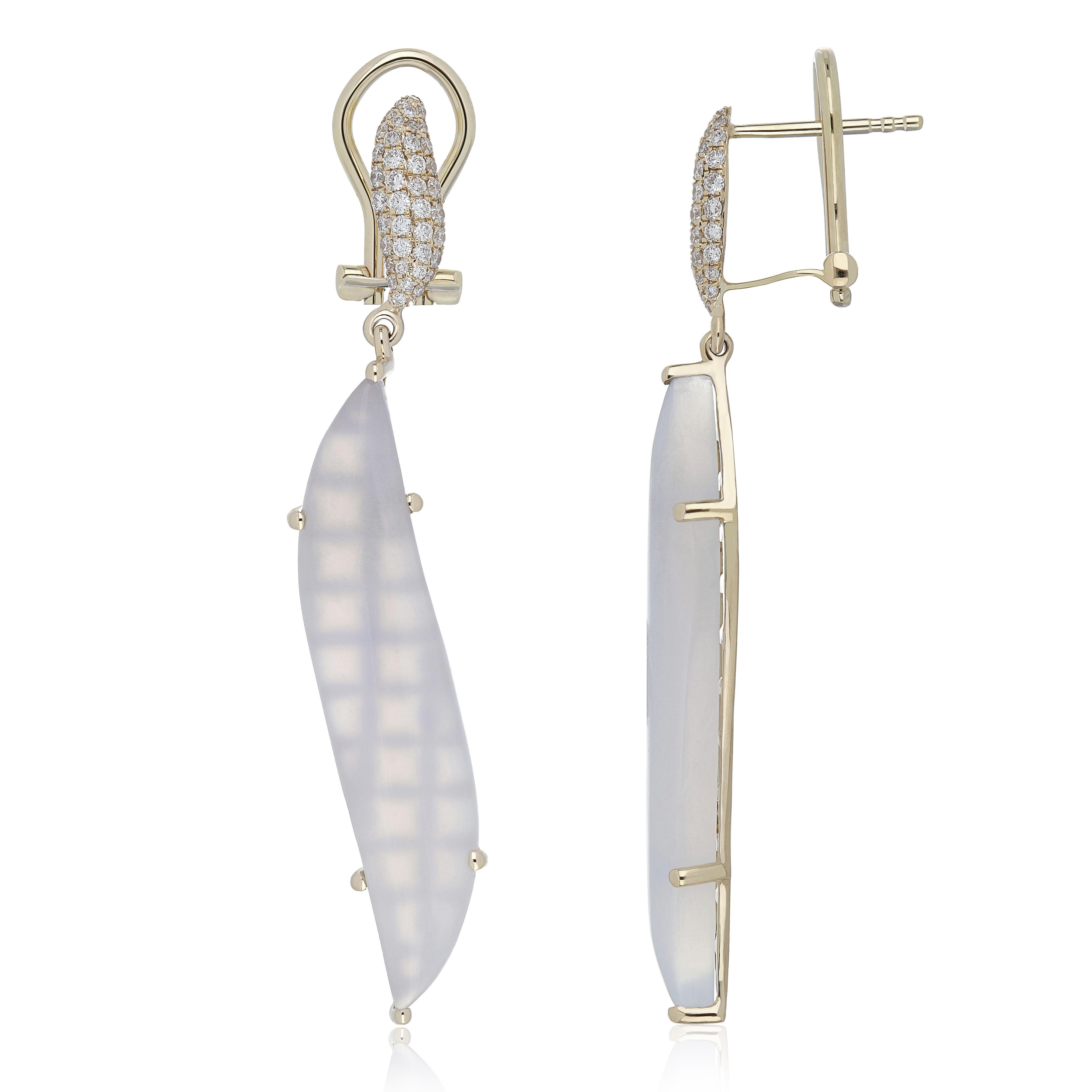 Blue Chalcedony and Diamond Studded Earring 14 Karat Yellow Gold For Sale 4
