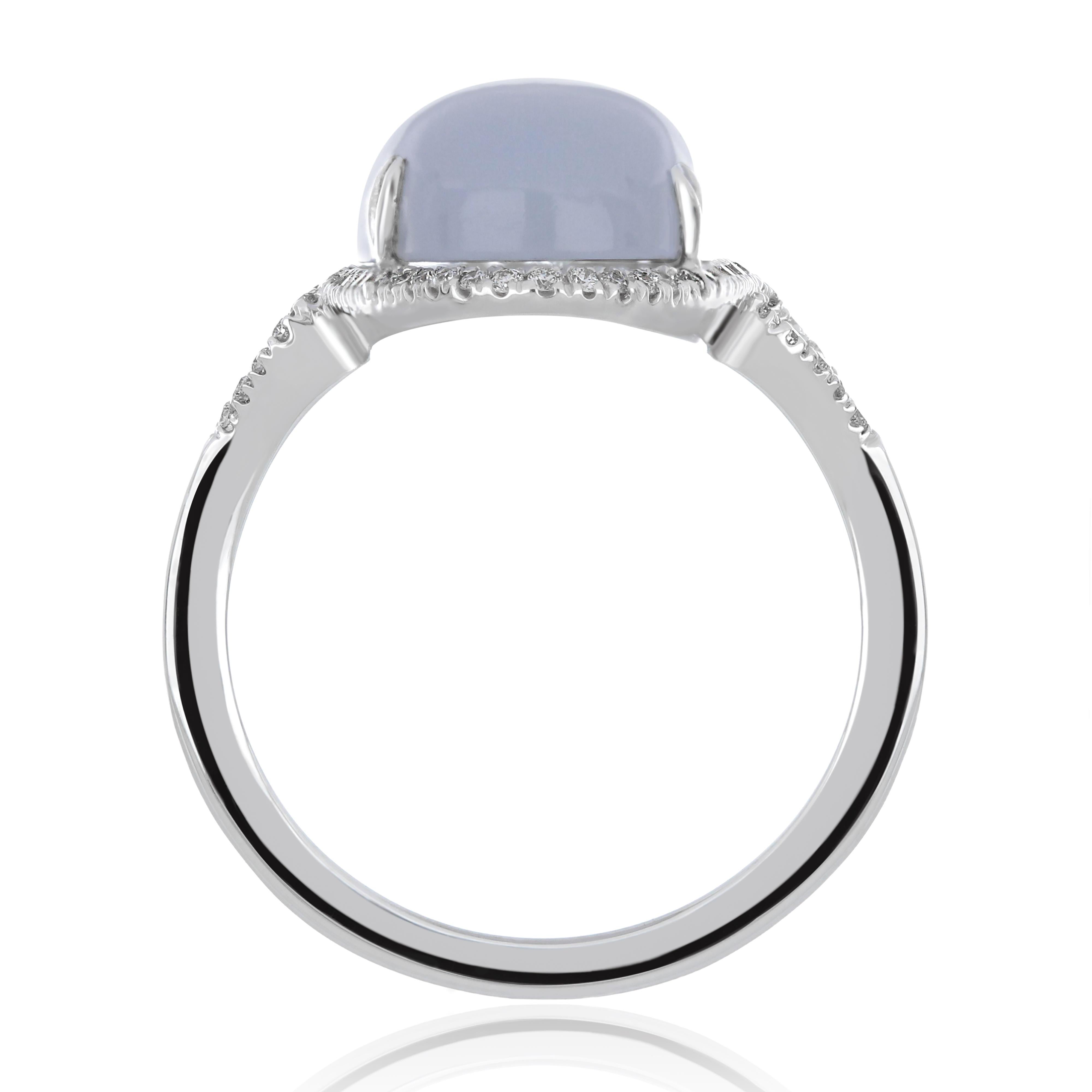 For Sale:  Blue Chalcedony and Diamond Studded Ring 14 Karat White Gold 5