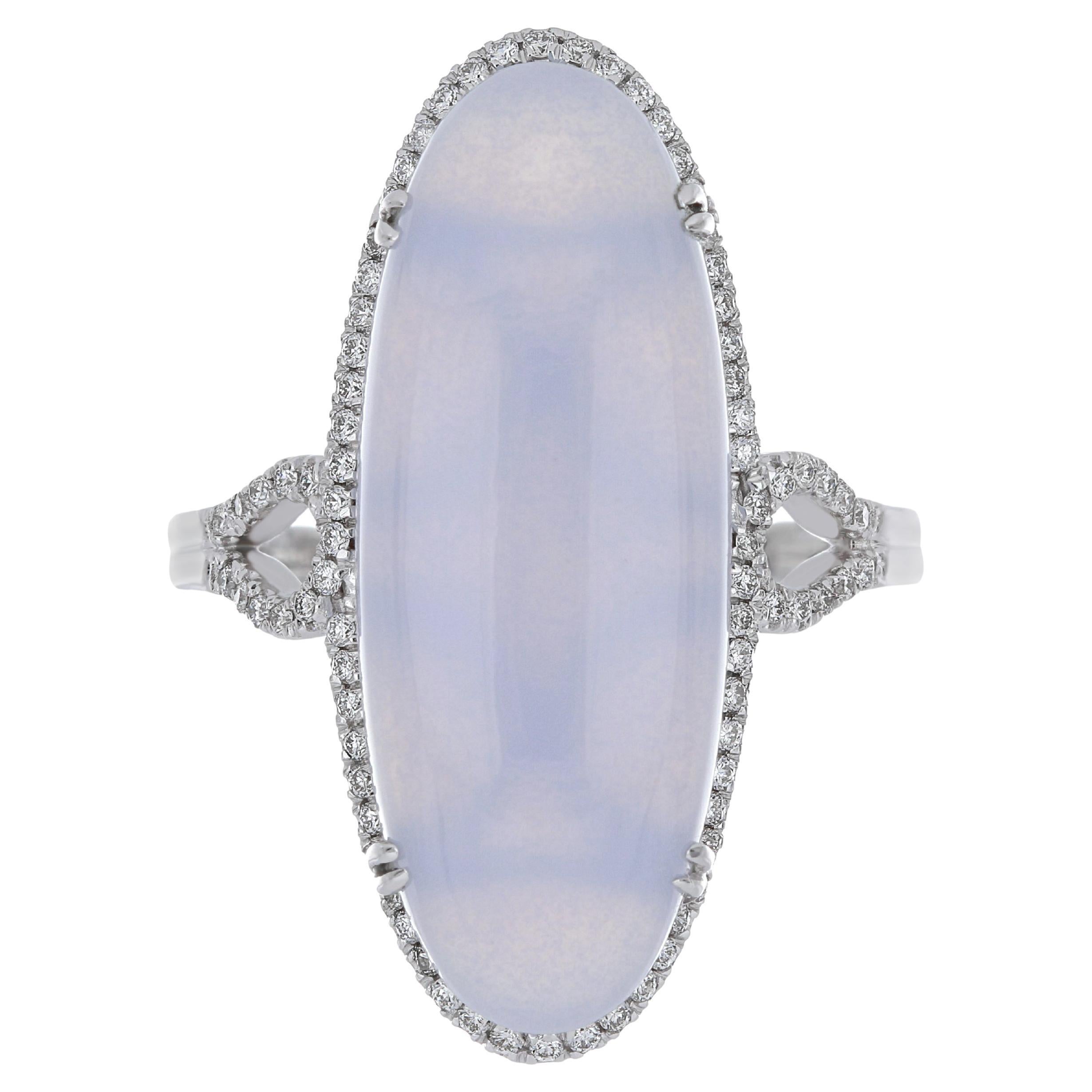 Blue Chalcedony and Diamond Studded Ring 14 Karat White Gold