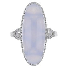 Blue Chalcedony and Diamond Studded Ring 14 Karat White Gold