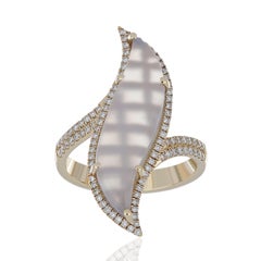 Blue Chalcedony and Diamond Studded Ring in 14 Karat Yellow Gold