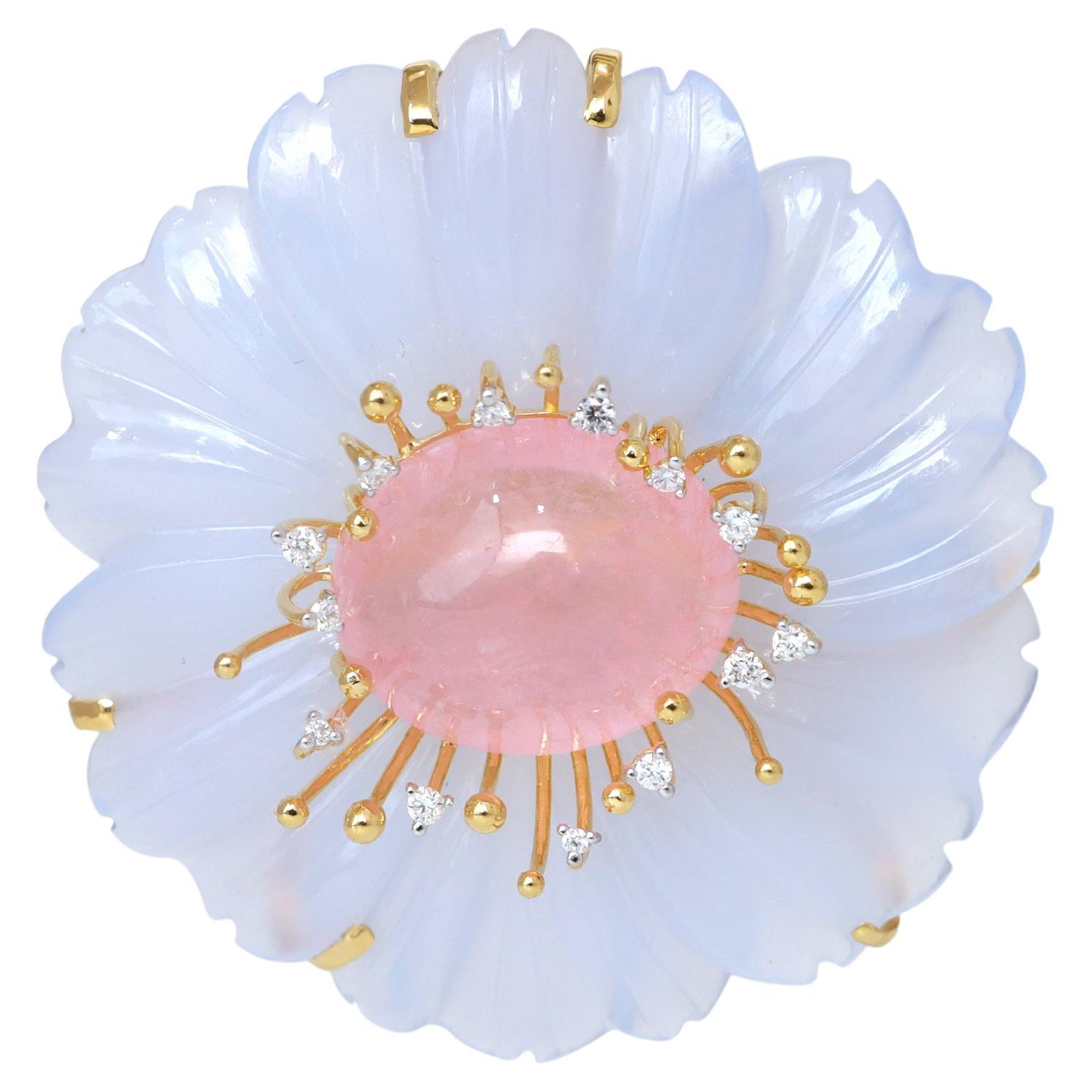 Blue Chalcedony And Tourmaline 14k Yellow Gold Pendant With Diamond For Sale