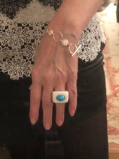 Blue Chalcedony Art Deco ring with  Turquoise Stone set in Sterling Silver
