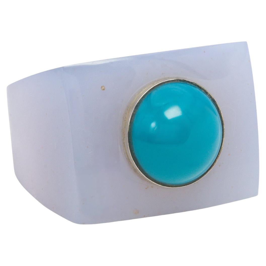 Blue Chalcedony Art Deco ring with  Turquoise Stone set in Sterling Silver For Sale