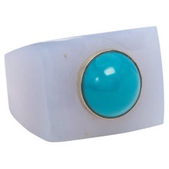 Blue Chalcedony Art Deco ring with Turquoise Stone set in Sterling Silver