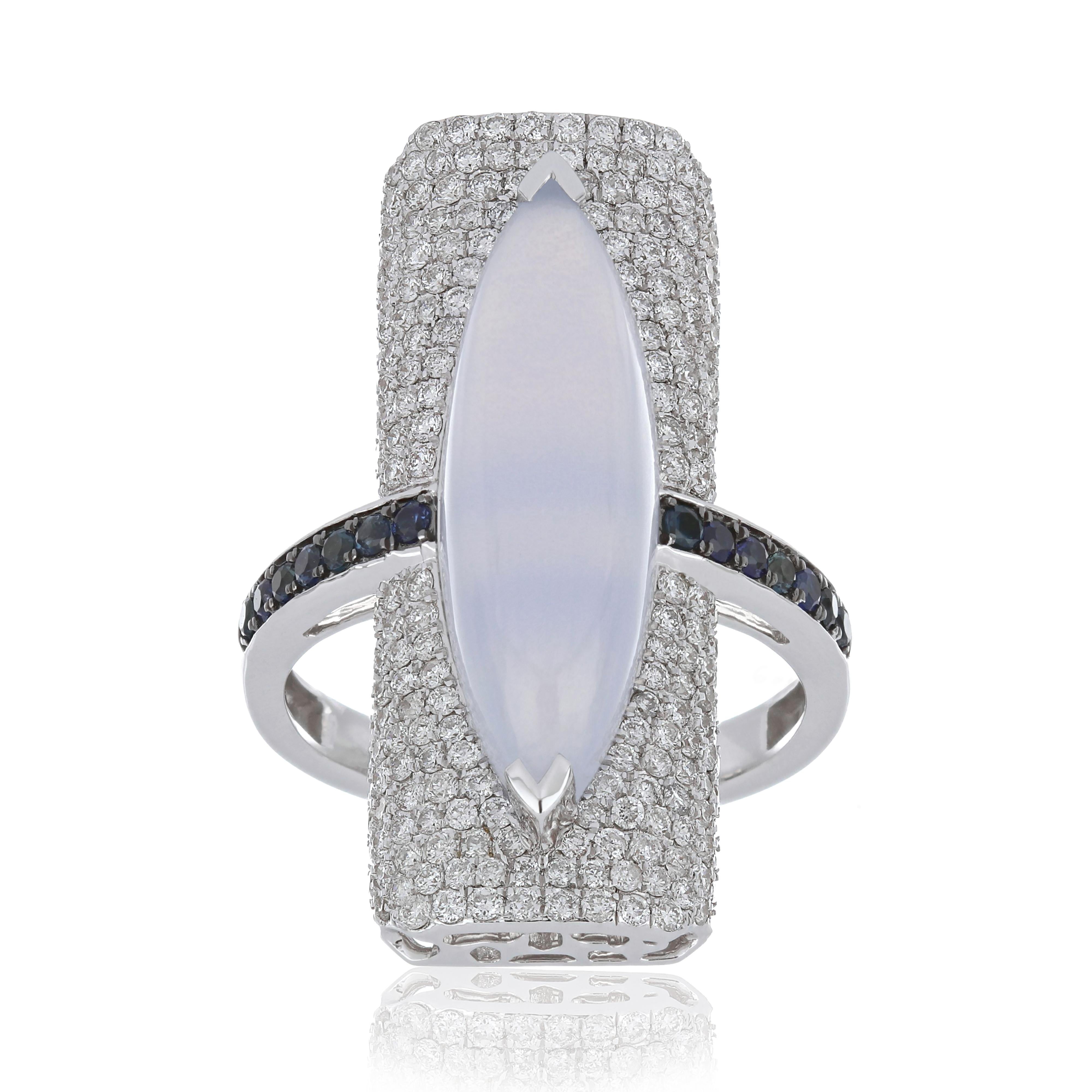 For Sale:  Blue Chalcedony, Blue Sapphire and Diamond Studded Ring 14 Karat White Gold 2