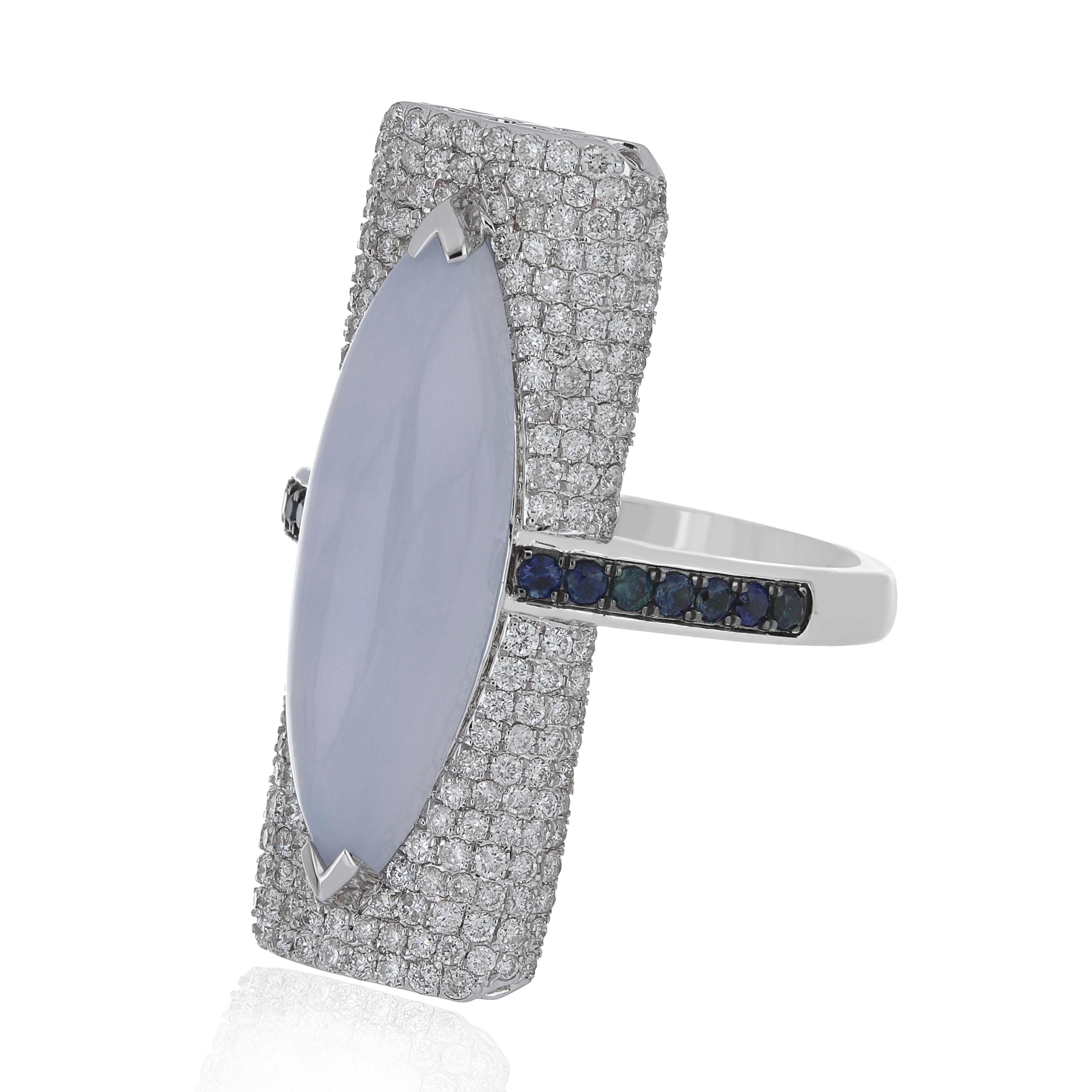 For Sale:  Blue Chalcedony, Blue Sapphire and Diamond Studded Ring 14 Karat White Gold 3