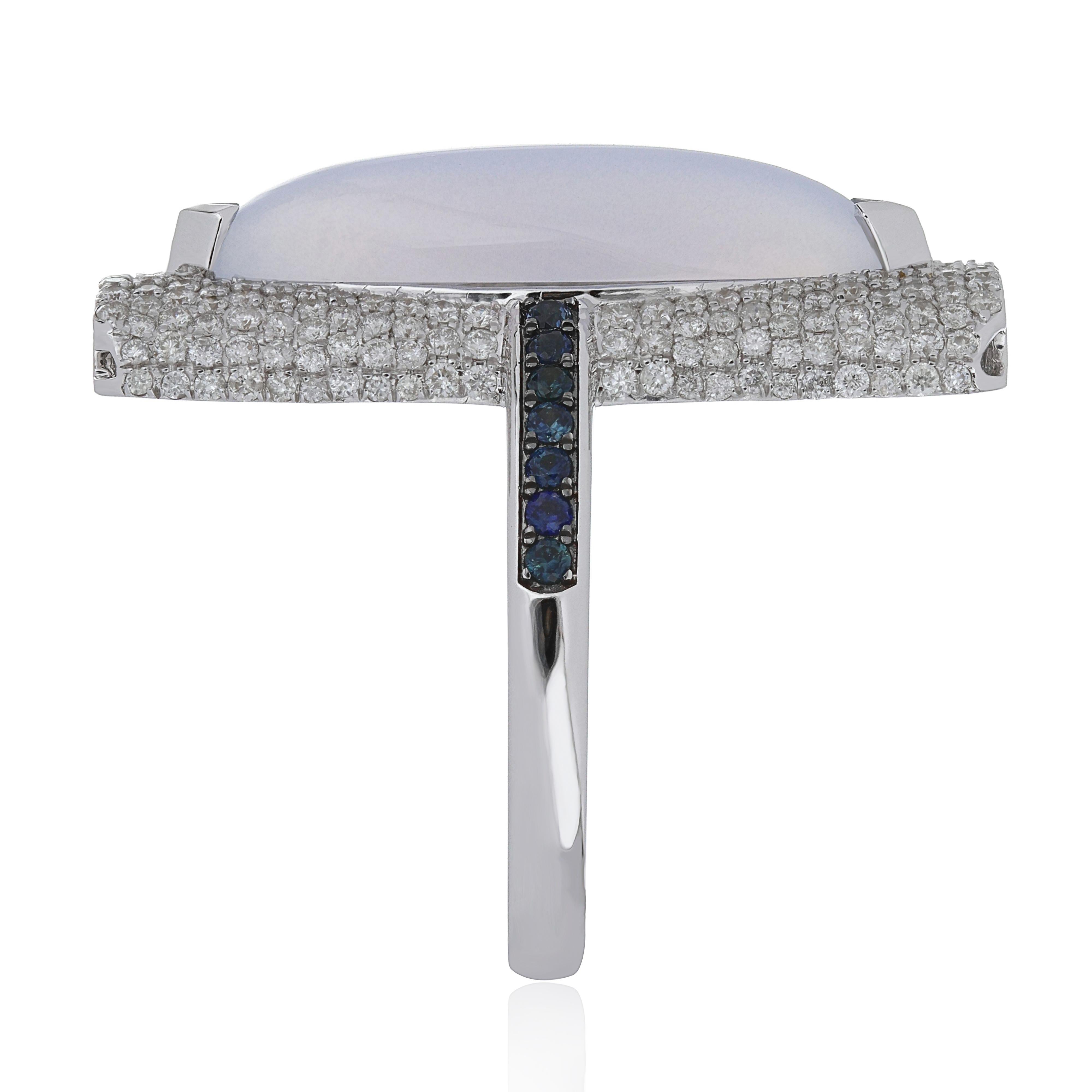For Sale:  Blue Chalcedony, Blue Sapphire and Diamond Studded Ring 14 Karat White Gold 4