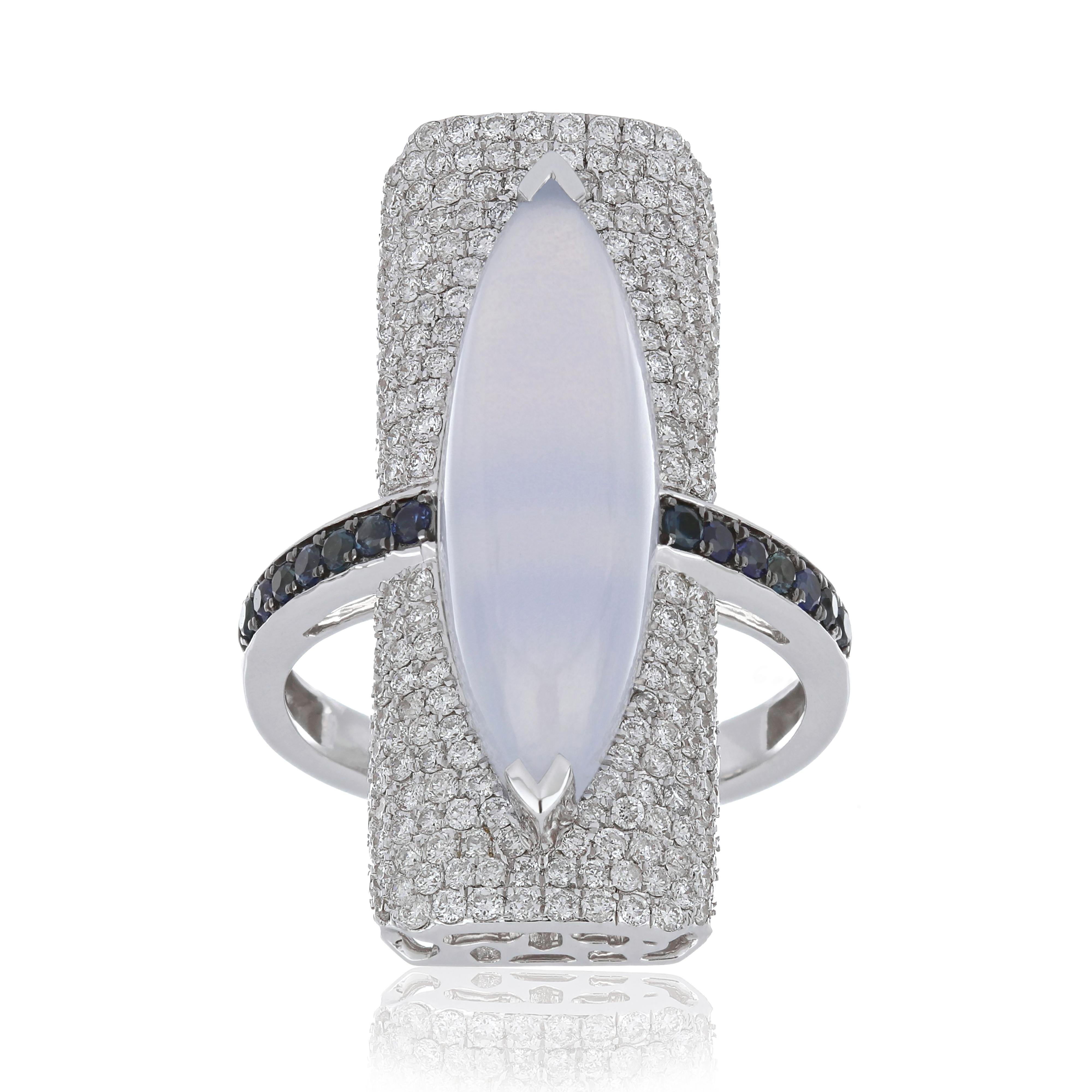 For Sale:  Blue Chalcedony, Blue Sapphire and Diamond Studded Ring 14 Karat White Gold 8