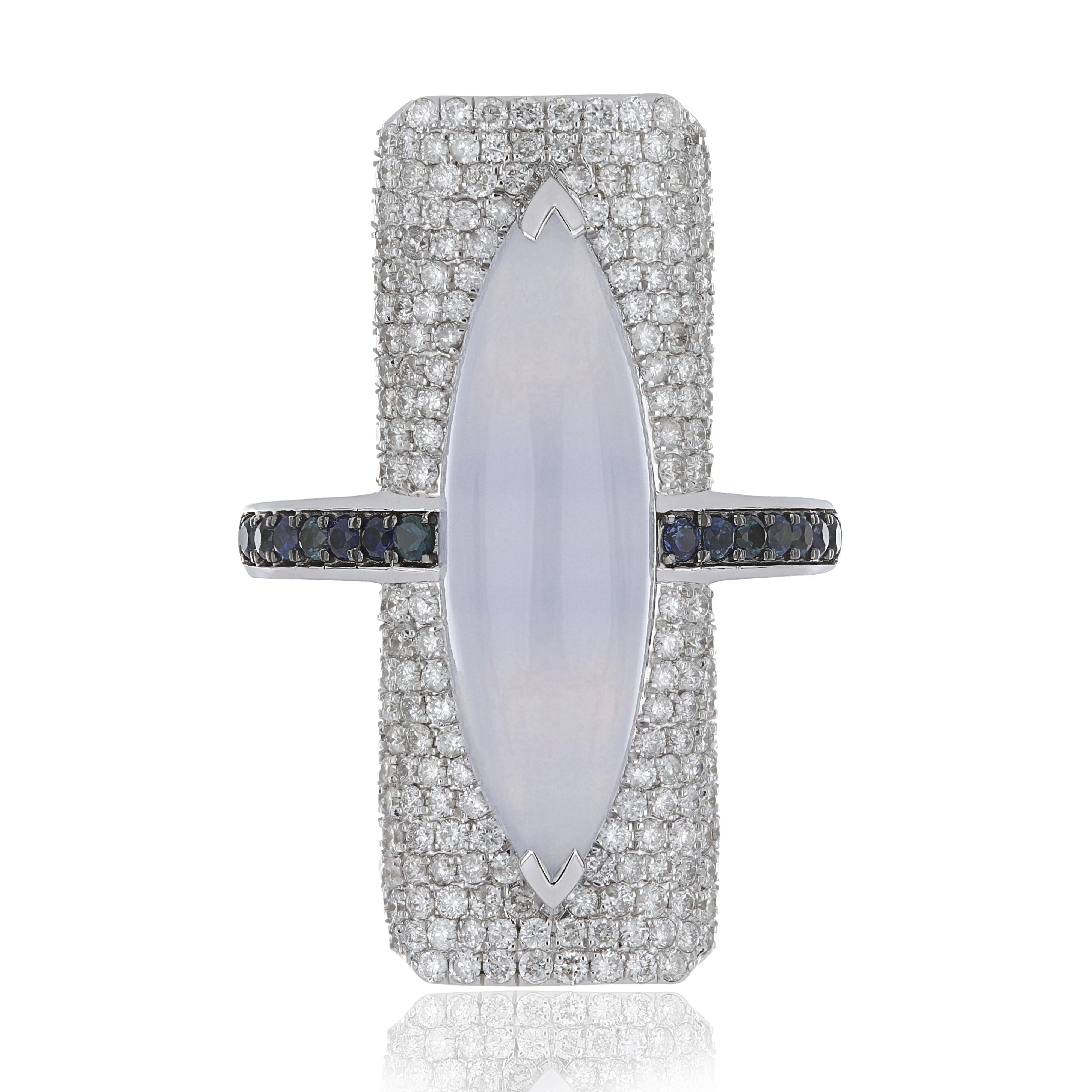 For Sale:  Blue Chalcedony, Blue Sapphire and Diamond Studded Ring 14 Karat White Gold 9