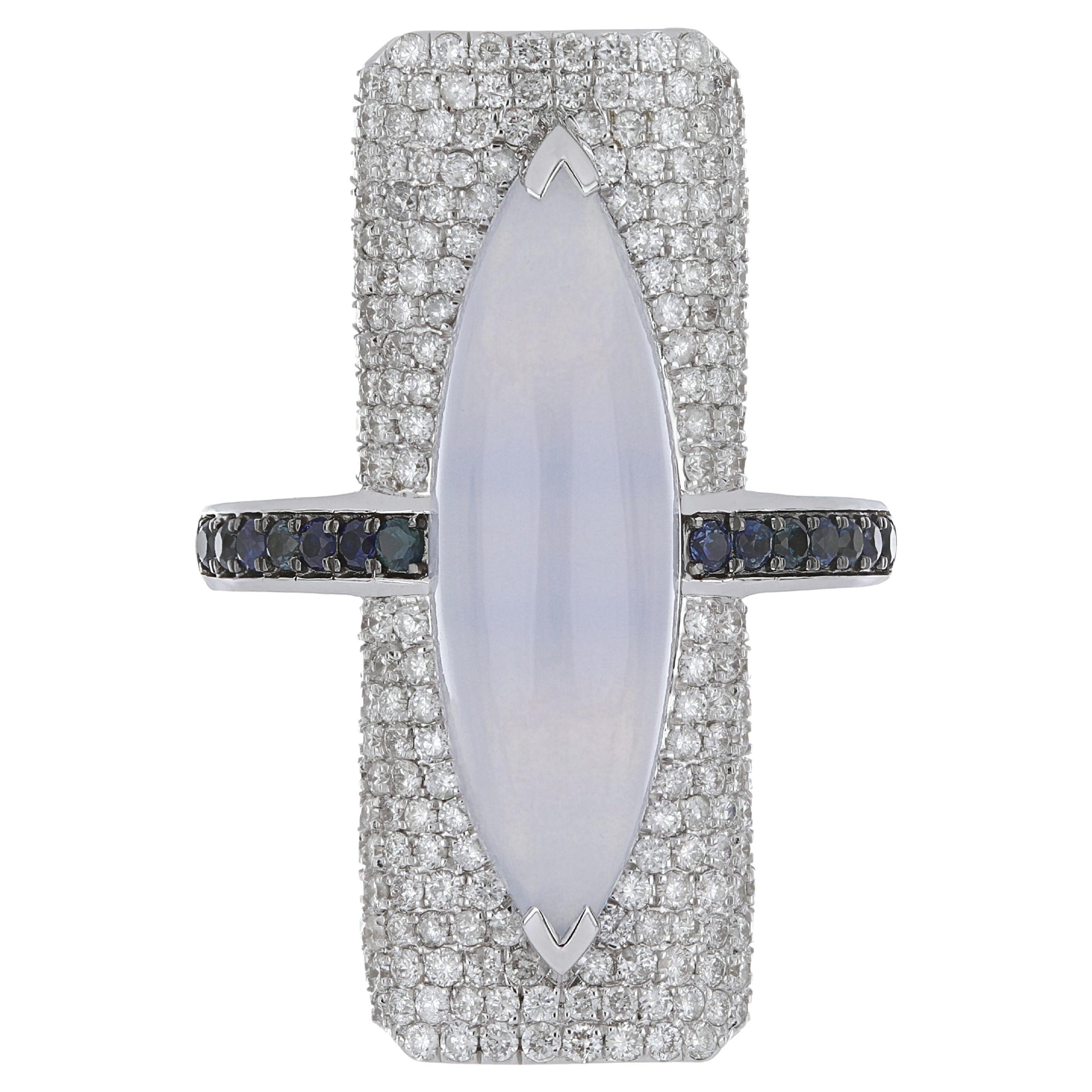 Blue Chalcedony, Blue Sapphire and Diamond Studded Ring 14 Karat White Gold