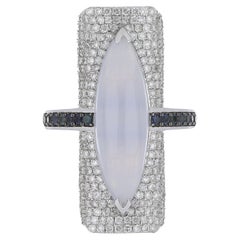 Blue Chalcedony, Blue Sapphire and Diamond Studded Ring 14 Karat White Gold