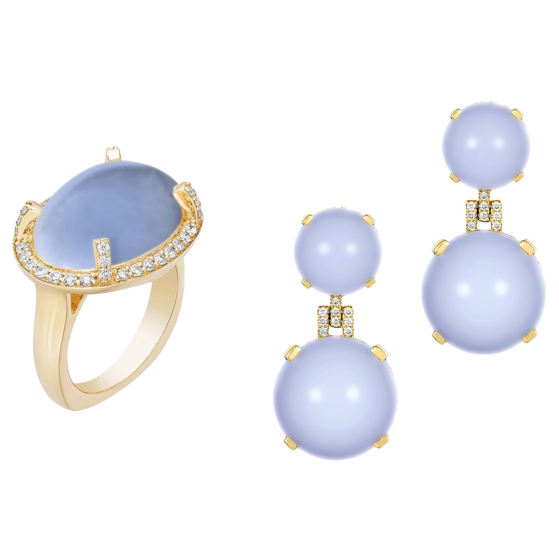 Goshwara Blue Chalcedony Cabochon With Diamond Ring And Earrings For Sale