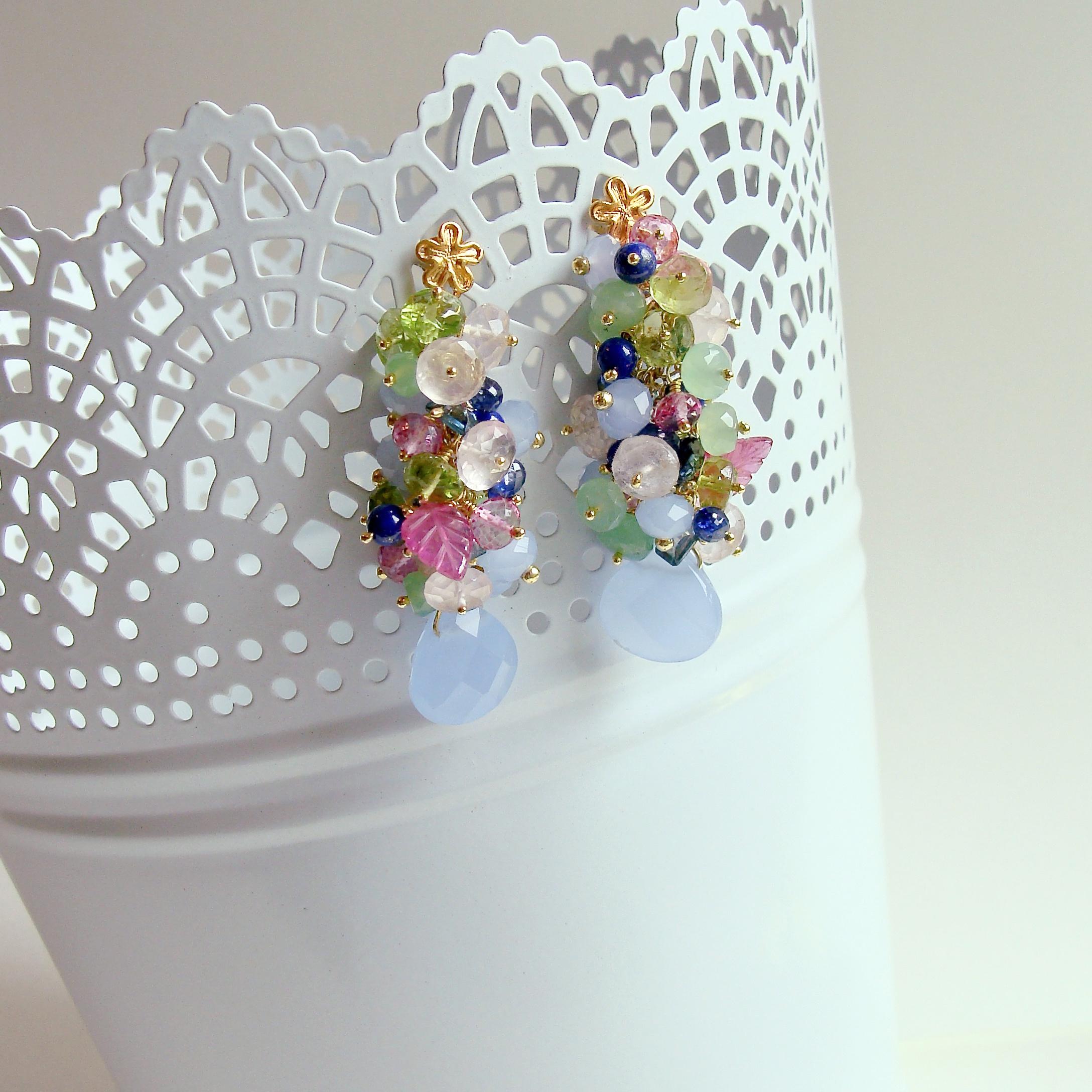After this harsh and snowy winter, everyone is ready for the happy colors of spring and these perennial favorite earrings don’t disappoint. This riot of happy  gemstones mimics the beautiful colors found amongst the happy-faced Pansy flowers of