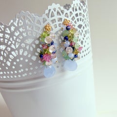 Blue Chalcedony Carved Pk Sapphire Leaves Cluster Earrings, Fleur XI Earrings