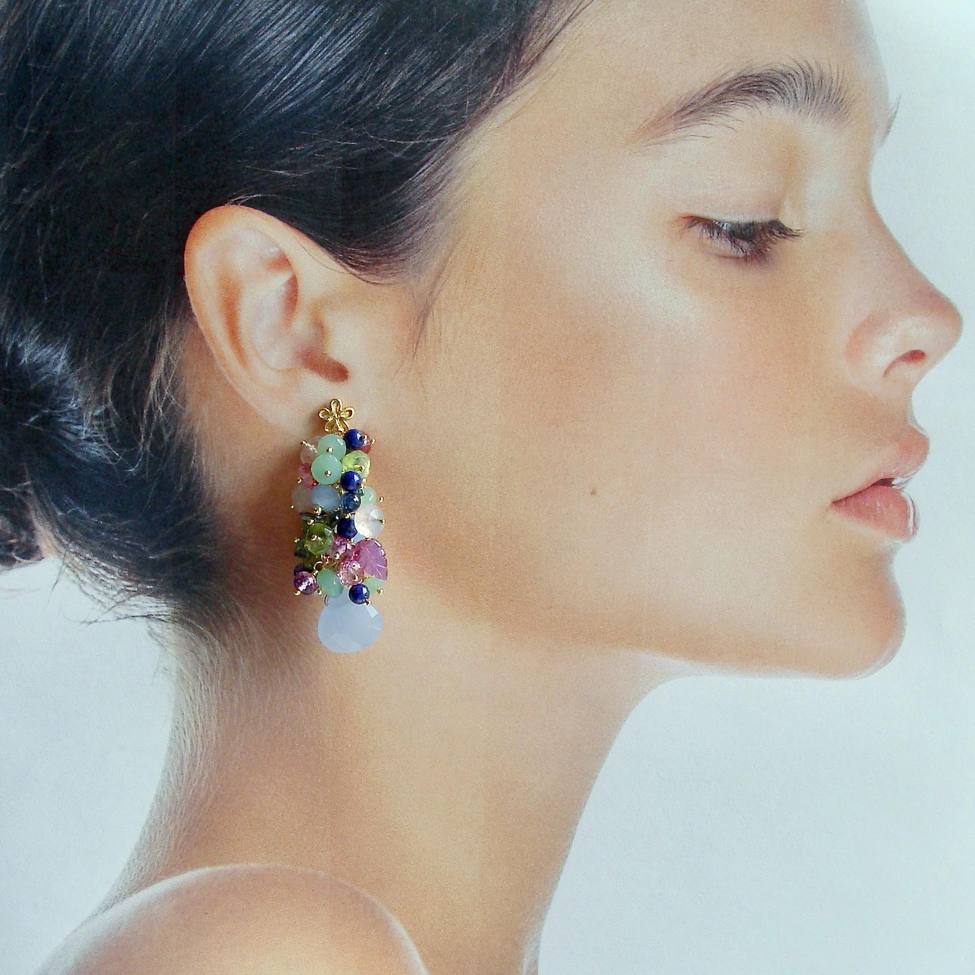 Bead Blue Chalcedony Carved Pk Sapphire Leaves Cluster Earrings, Fleur XI Earrings For Sale