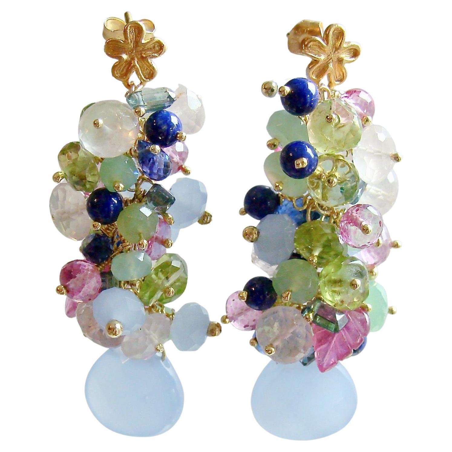 Blue Chalcedony Carved Pk Sapphire Leaves Cluster Earrings, Fleur XI Earrings For Sale