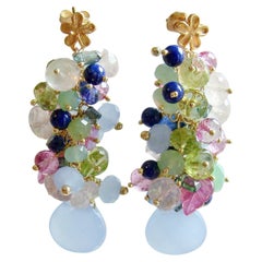Blue Chalcedony Carved Pk Sapphire Leaves Cluster Earrings, Fleur XI Earrings
