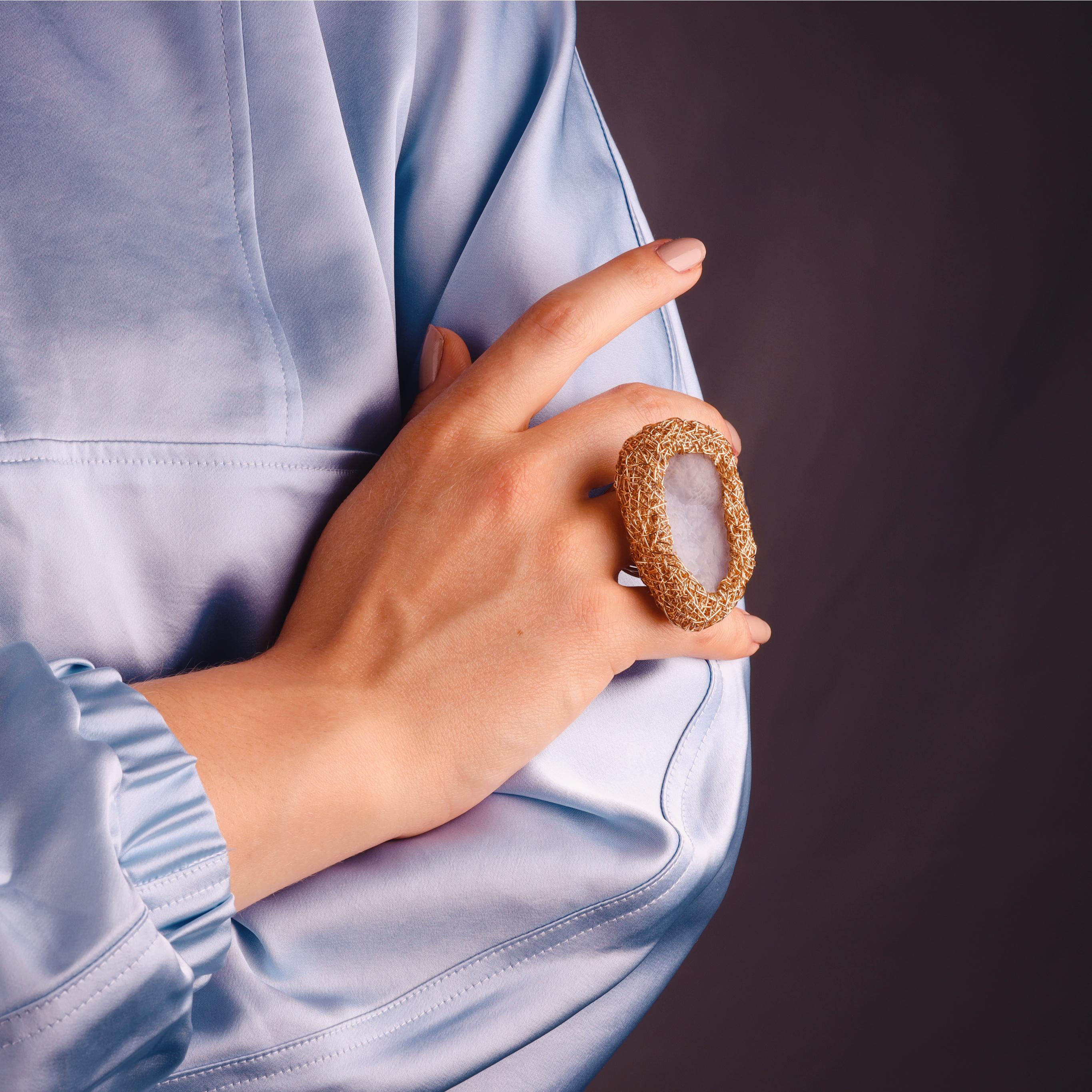 Uncut Blue Chalcedony Cocktail 14 kt yellow GF one-of-a-kind statement Ring For Sale