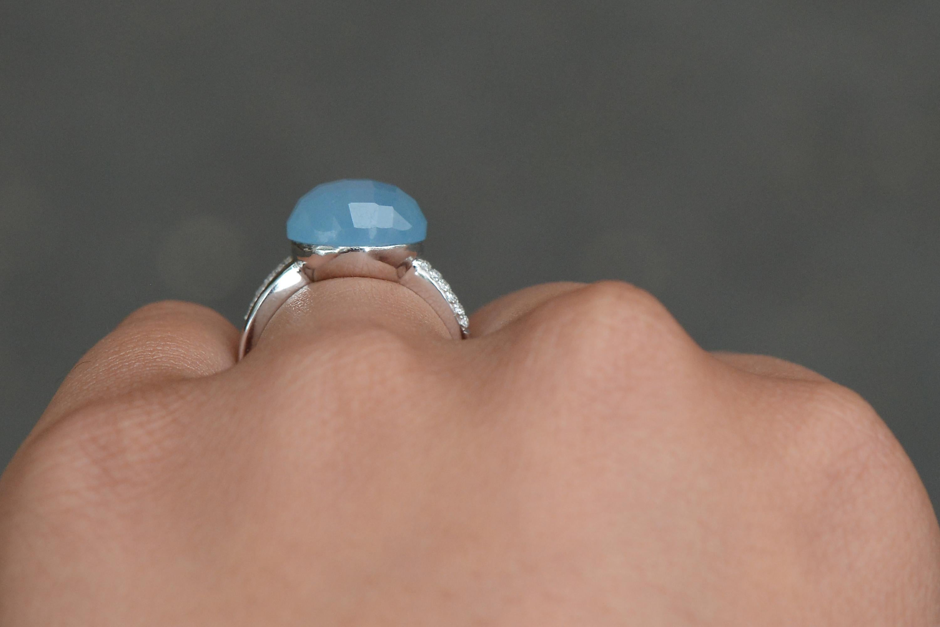 Cabochon Blue Chalcedony Diamond Dome Ring For Sale