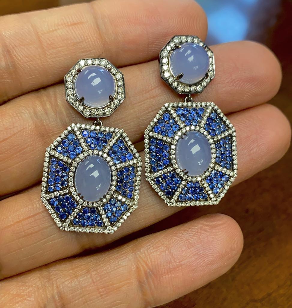 Contemporary Goshwara Blue Chalcedony Double Octagon With Sapphire And Diamond Earrings For Sale
