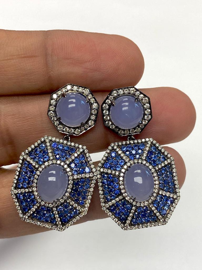 Emerald Cut Goshwara Blue Chalcedony Double Octagon With Sapphire And Diamond Earrings For Sale