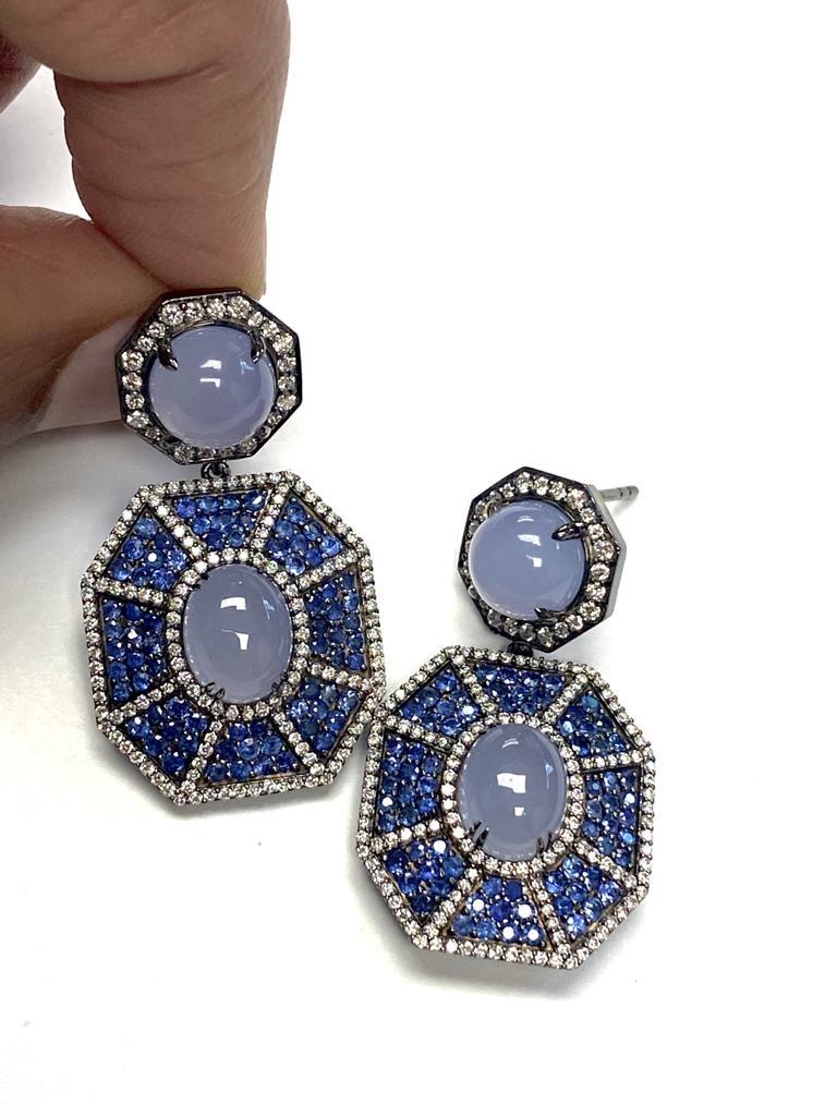 Goshwara Blue Chalcedony Double Octagon With Sapphire And Diamond Earrings In New Condition For Sale In New York, NY