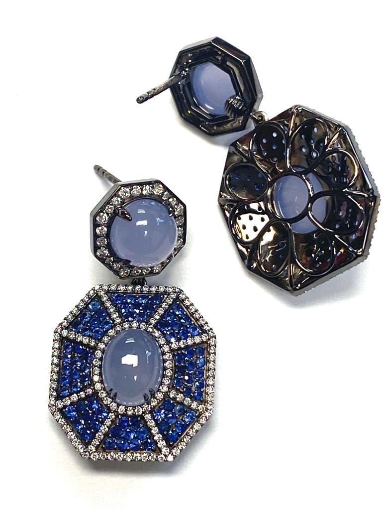 Goshwara Blue Chalcedony Double Octagon With Sapphire And Diamond Earrings For Sale 1