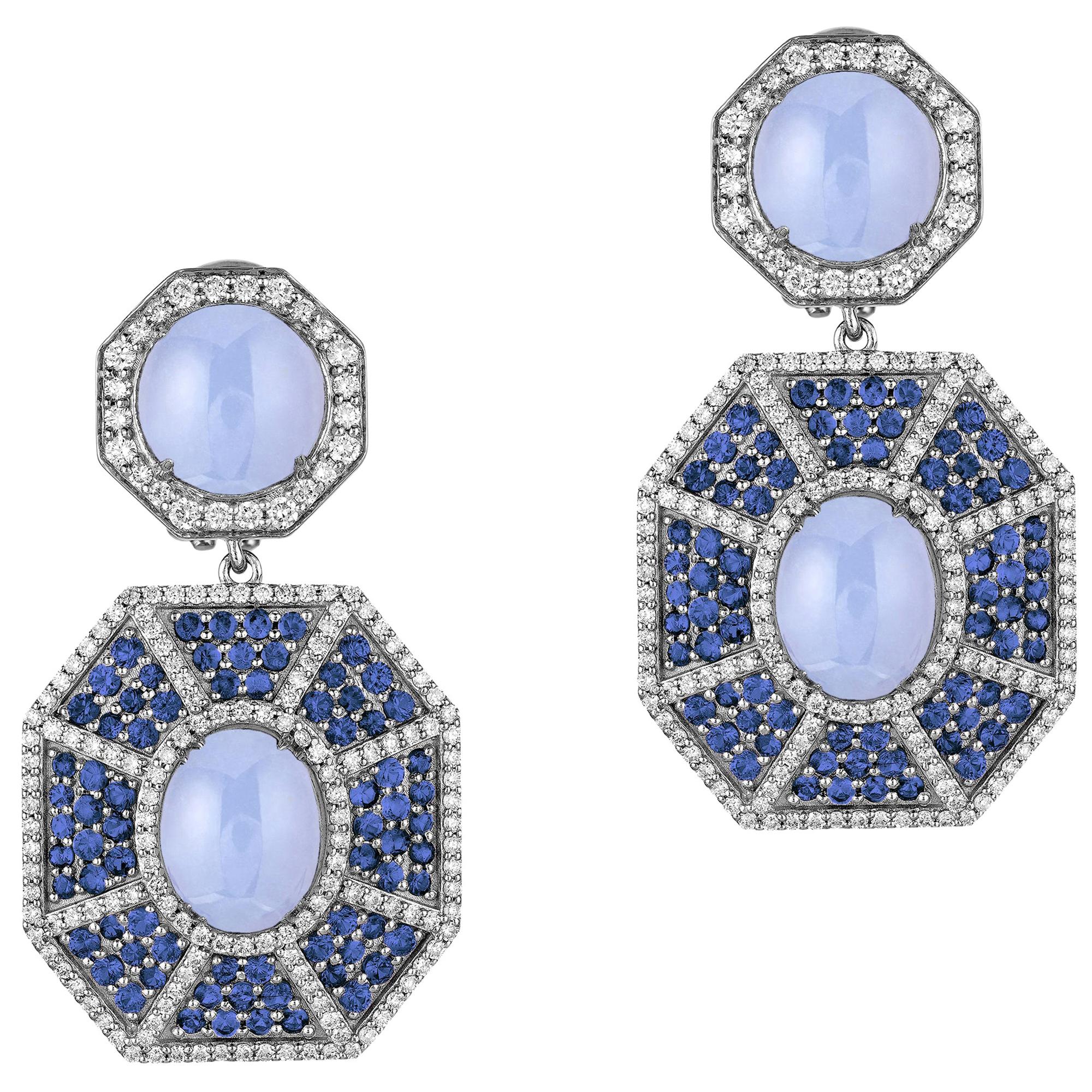 Boucles d'oreilles Goshwara double octogonales en calcédoine bleue avec saphir et diamants