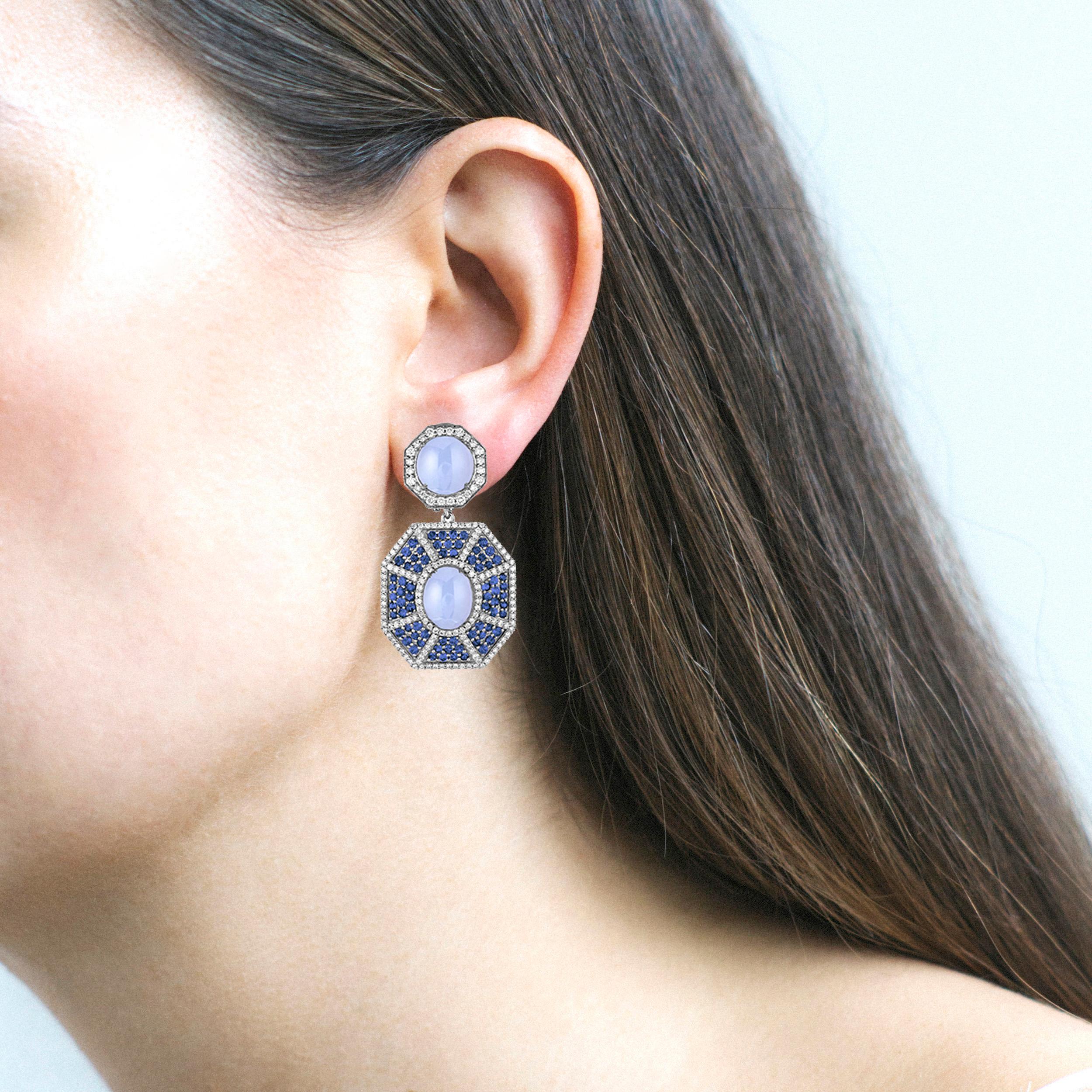 Blue Chalcedony Double Octagon Earrings with Sapphire & Diamonds in 18K White Gold, from 'Limited Edition' Collection

Stone Size: 8 & 9 x 7 mm

Gemstone Weight: Chalcedony- 4.27 Carats 
                                Sapphire- 1.88