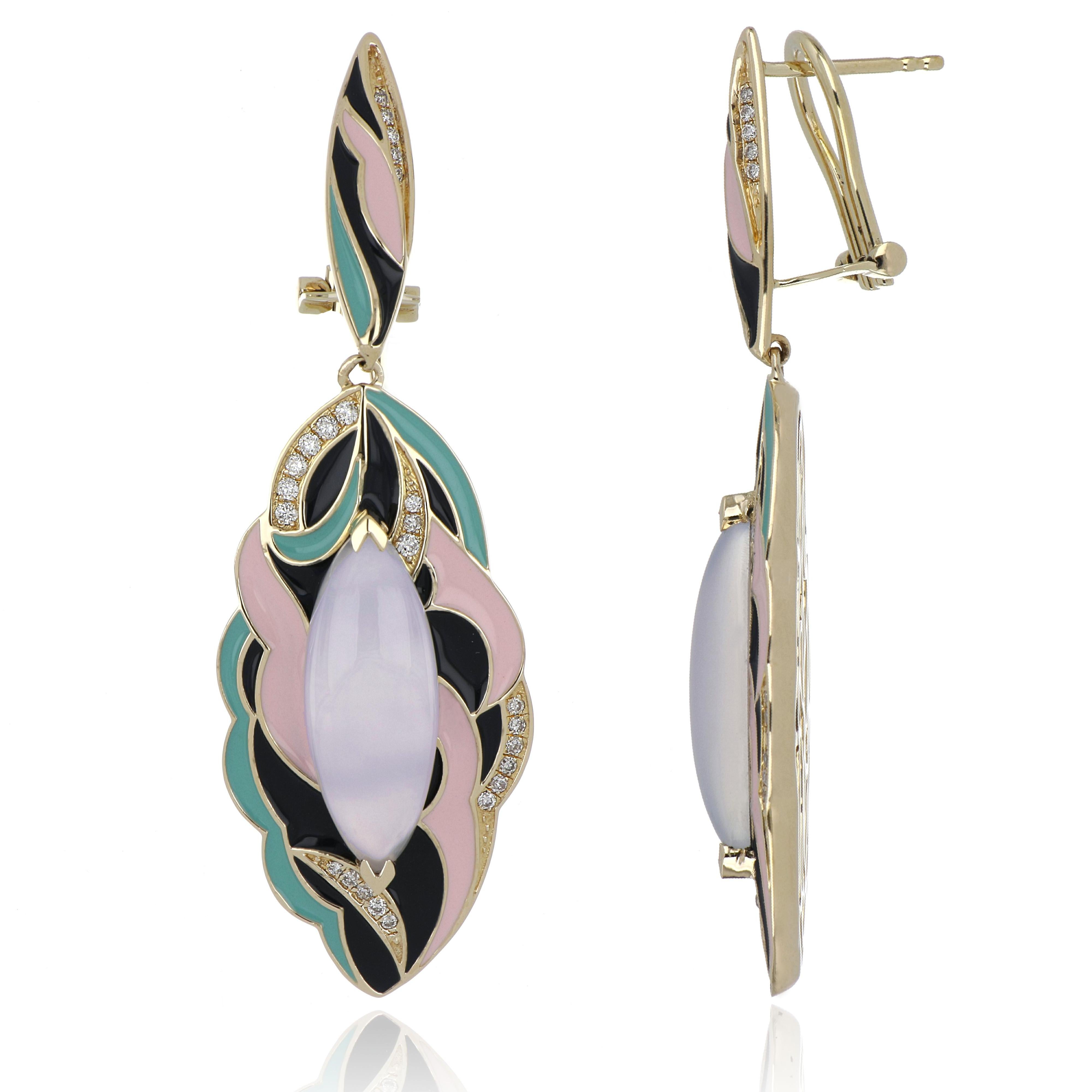 Elegant and exquisite Enamel Cocktail 14 KYG Earrings center set with 7.10 Cts. (total) Cabochon Cut Blue Chalcedony Marquise. Surrounded with Diamonds, weighing approx. 0.30 Cts. enhanced with detailed Multi Color Enamel  Beautifully Hand crafted