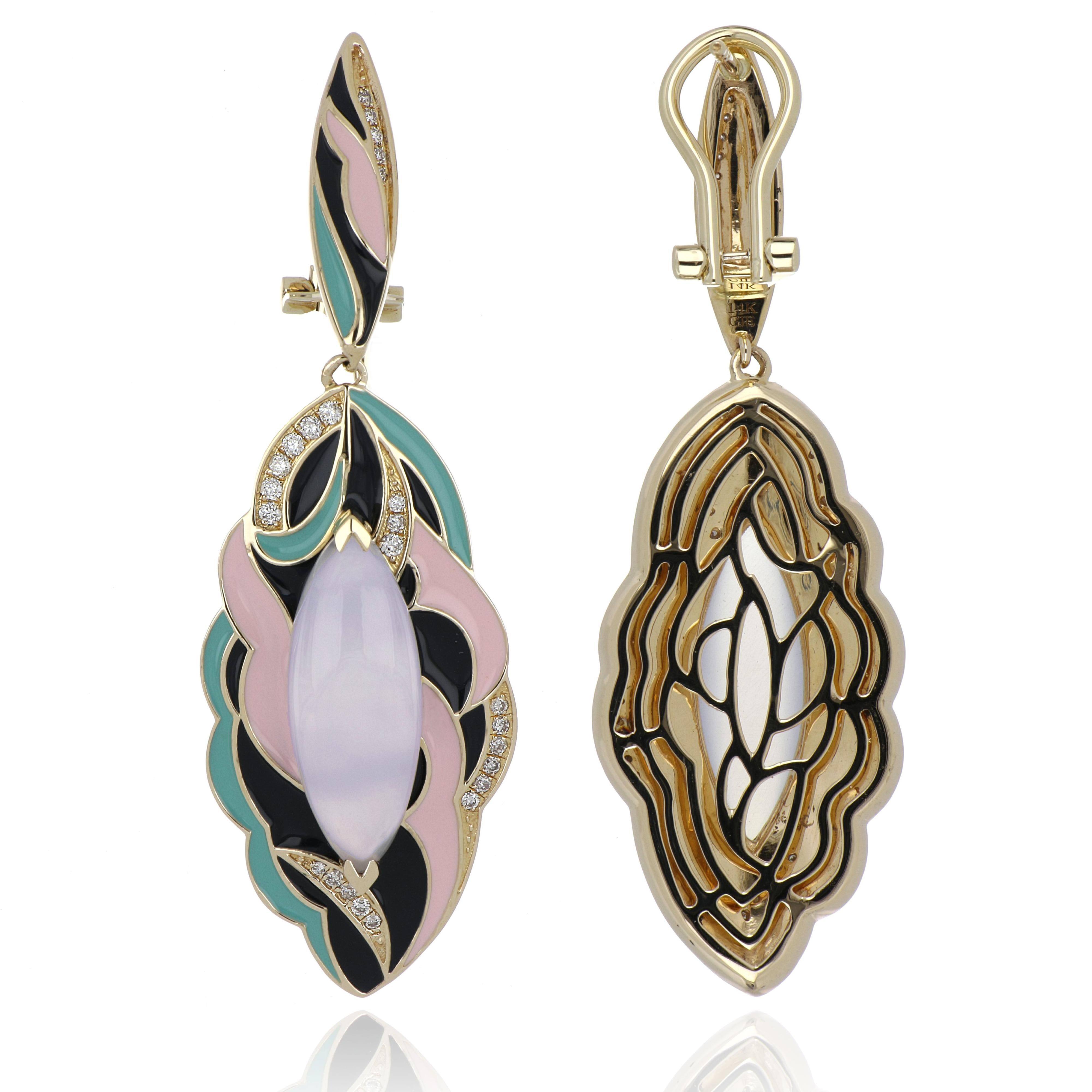 Blue Chalcedony Enamel Drop Earrings with Diamonds in 14 Karat Yellow Gold For Sale 1