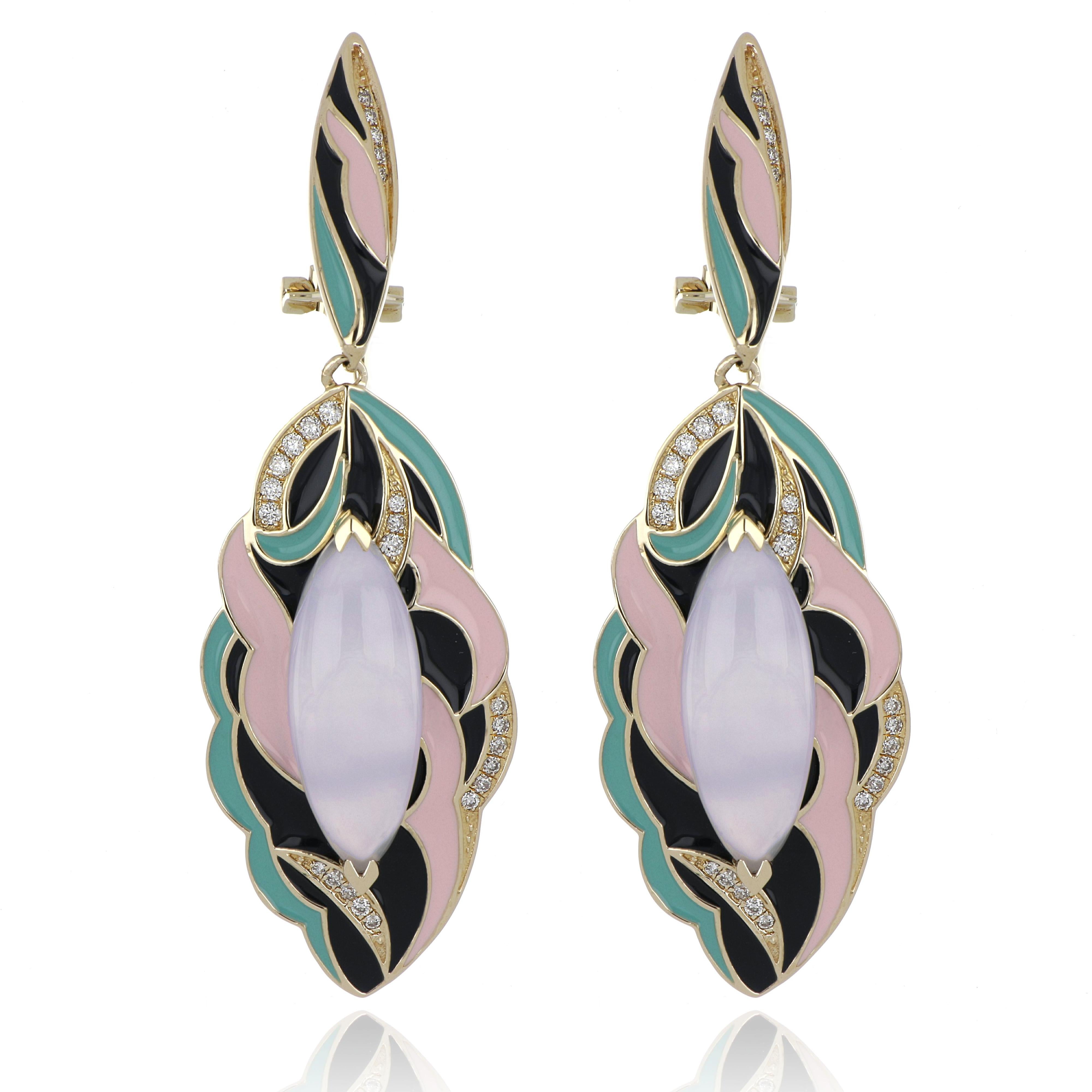 Blue Chalcedony Enamel Drop Earrings with Diamonds in 14 Karat Yellow Gold For Sale 2