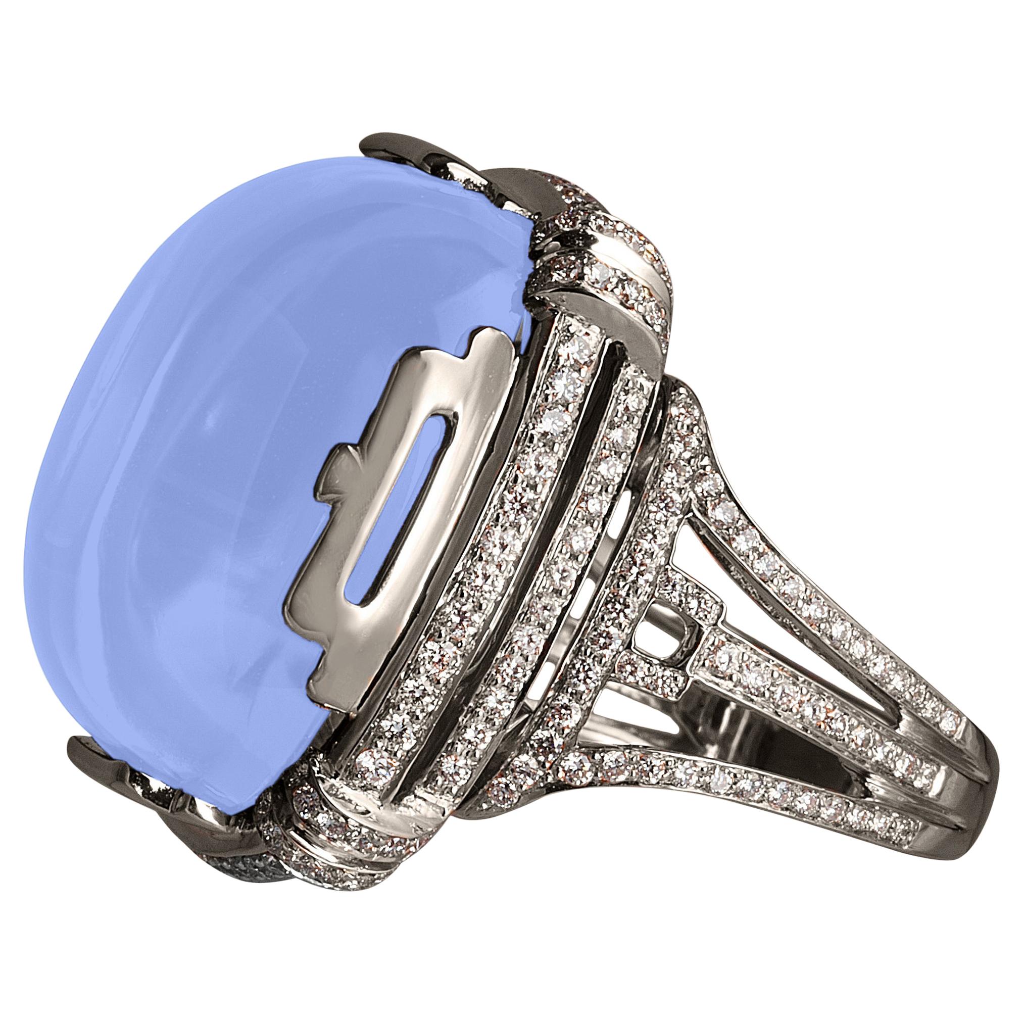 Goshwara Cushion Cabochon Blue Chalcedony And Diamond Ring For Sale