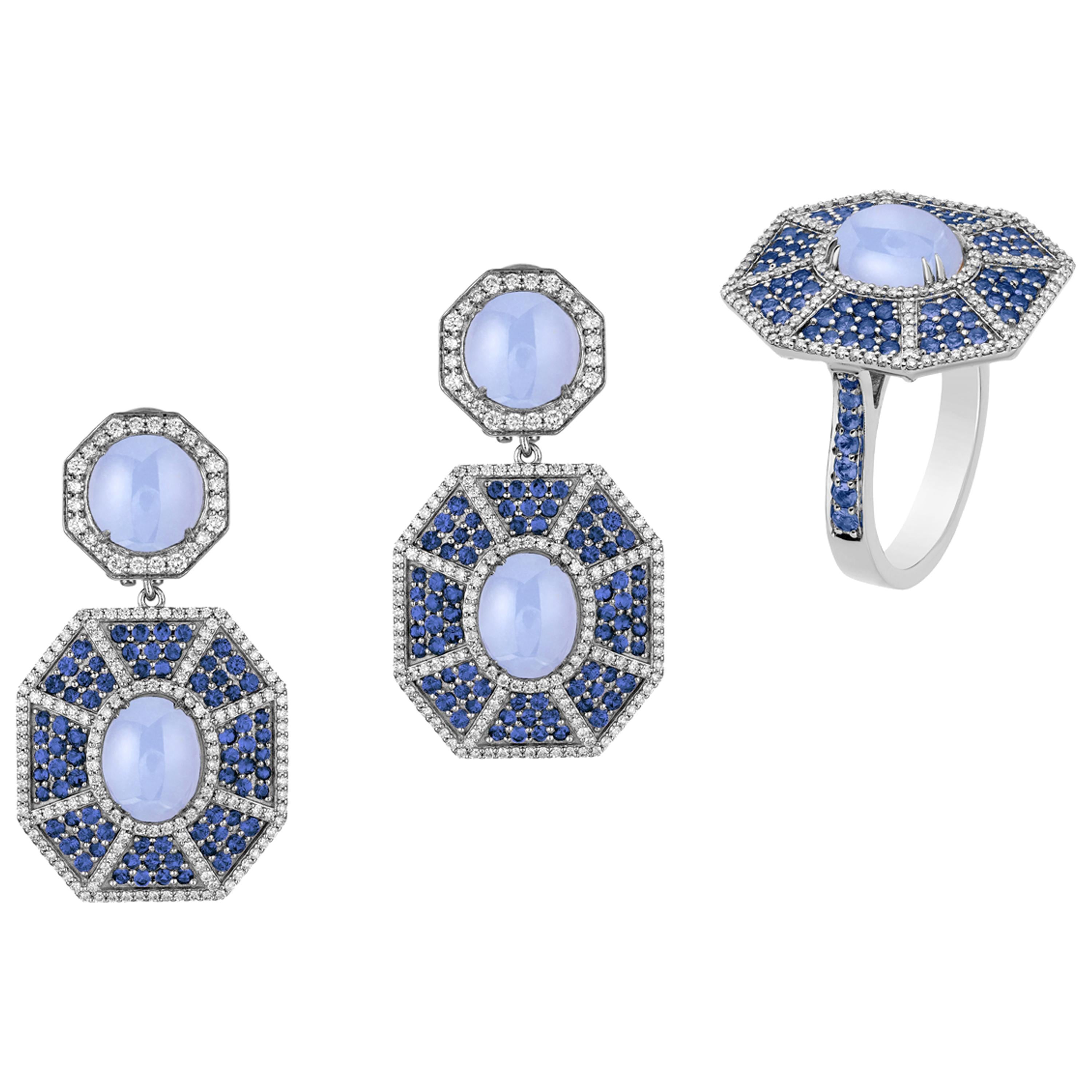 Ring und Ohrringe aus blauem Chalcedon und Saphir mit Diamanten vonshwara
