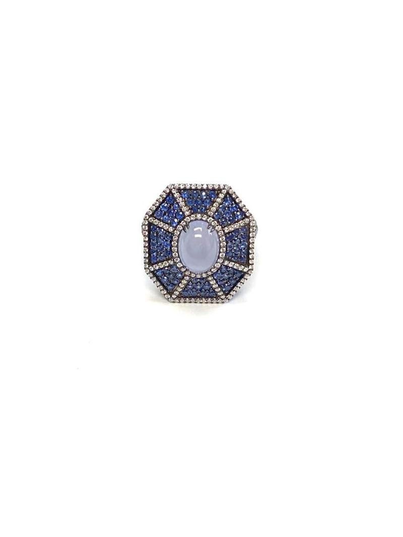Goshwara Blue Chalcedony And Sapphire With Diamond Ring & Earrings For Sale 5