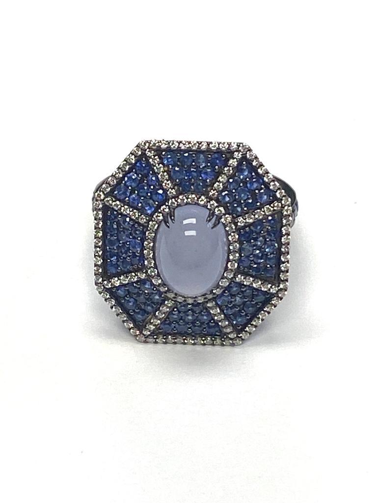 Goshwara Blue Chalcedony And Sapphire With Diamond Ring & Earrings For Sale 7