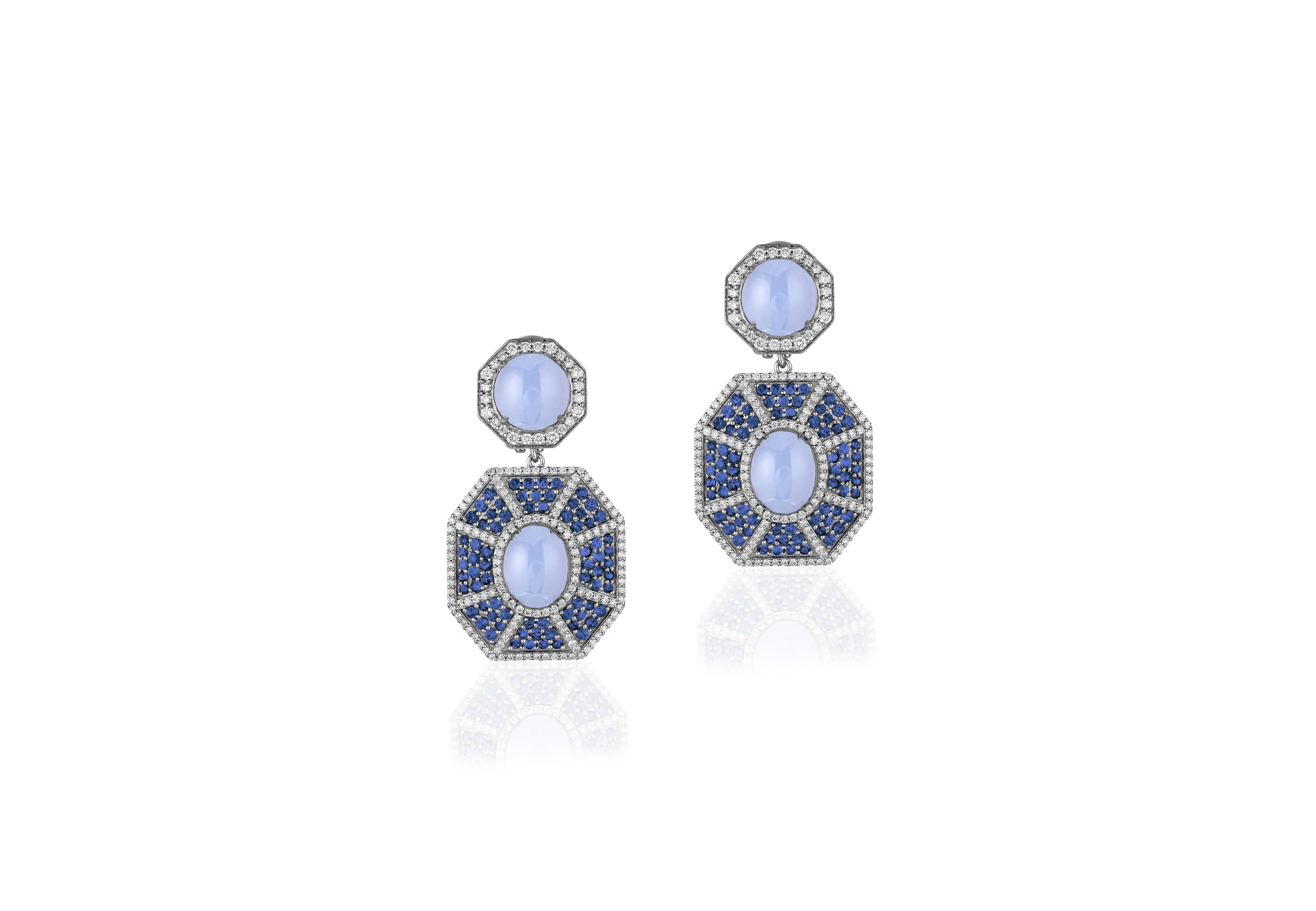 Goshwara Blue Chalcedony And Sapphire With Diamond Ring & Earrings For Sale 8