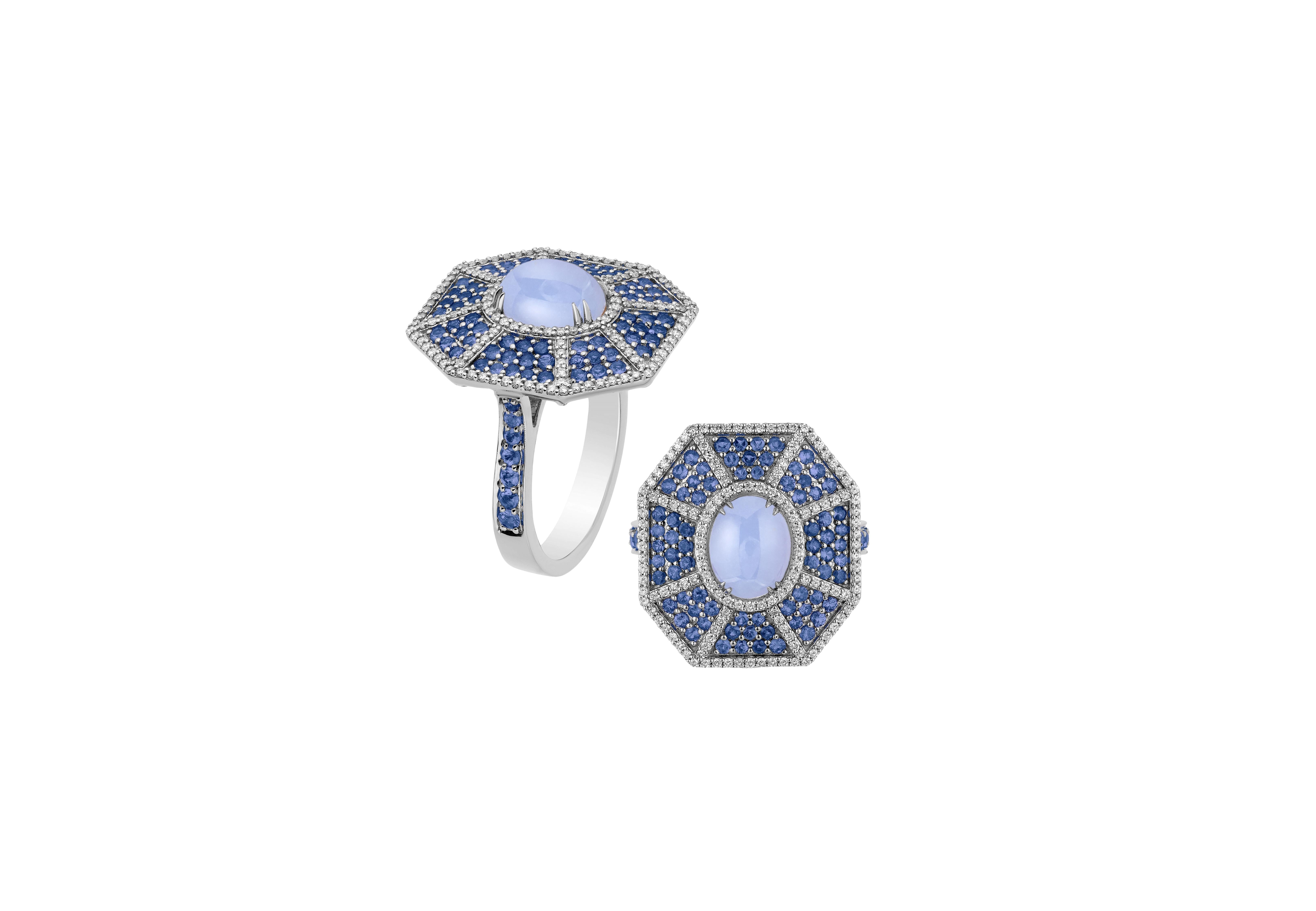 Goshwara Blue Chalcedony And Sapphire With Diamond Ring & Earrings For Sale 10